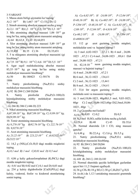 dagi har qaysi izotopning molyar ulushini aniqlang. a) 0,90, 0,10 b) 0,80, 0,20 c) 0,75, 0,25 d) 0,31, 0,69 21. elektronlar soni o‘zaro teng bo‘lgan uglerod (iv) oksidi va azot aralashmasining vodorodga nisbatan zichligini aniqlang? a) 13,5 b) 17 c) 36 d) 5,4 22. elektronlar soni o‘zaro teng bo‘lgan vodorod va azot aralashmasining geliyga nisbatan zichligini aniqlang? a) 1,79 b) 1,31 c) 1,92 d) 2,14 23. elektronlar soni o‘zaro teng bo‘lgan kislorod va azot aralashmasining havoga nisbatan zichligini aniqlang? a) 0,84 b) 0,42 c) 1,0 d) 1,59 24. normal sharoitda quyida keltirilgan gazlardan qaysi biri 11,2 l hajmni egallaydi. a) 36 g ch4 b) 18 g so3 c) 30 g c2h6 d) 17 g h2s 25. (n.sh.) da 1,12 l amiakning massasini grammda hisoblang? 0,85 b) 0,95 c) 1,05 d) 1,25 26. amiakning 3,4 gramm massasi (n.sh.) da qancha hajmni egallaydi? a) 6,72 b) 4,48 c) 5,6 d) 2,8 27. …