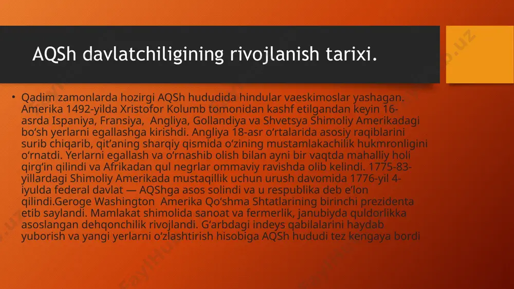 (1862), quldorlikni bekor qilish toʻgʻrisida (1865) qonunlar qabul qilindi. shtatlarining hududlari, kolorado va shtatlarining bir qismi qoʻshib olindi. fuqarolar urushidan soʻng mamlakat iqtisodiyoti jadal rivojlana boshladi. 1867-yilda aqsh chor rossiyasidan alyaska va aleut orollarini sotib oldi; 19-asr oxirida filippin, gavayi, puerto-riko va boshqalarni, 1903-yilda panama kanali zonasini qoʻlga kiritdi. ikki asr boʻsagʻasida aqshga koʻchib kelishning yangi toʻlqini boshlandi. muhojirlarning aksariyati janubi-sharqiy yevropadan edi. birinchi jahon urushi davri (1914- 18)da aqsh avvaliga betaraflik mavqeida turdi, 1917-yil aprelda antanta tomonida turib harakat qildi. urushdan keyin aqsh iqtisodiy yuksalish davriga kirdi. ammo tez orada iqtisodiy inqiroz (1929-33) boshlanib, ishsizlik kuchaydi (1933-yilda 17 million ishsiz bor edi), korxonalar sindi, ishlab chiqarish keskin pasaydi. inqiroz sharoitida franklin d.ruzvelt (1933-45-yillarda aqsh prezidenti) boshchiligidagi demokratik partiya maʼmuriyati hokimiyat tepasiga keldi. uning tashabbusi bilan bir qancha ijtimoiy-iqtisodiy tadbirlar amalga oshirildi, „yangi yoʻl“ deb atalgan bu yoʻl aqshni inqirozdan olib chiqish maqsadini koʻzlar edi. 1941-yilda yaponiya amerikaning pearl harbor …