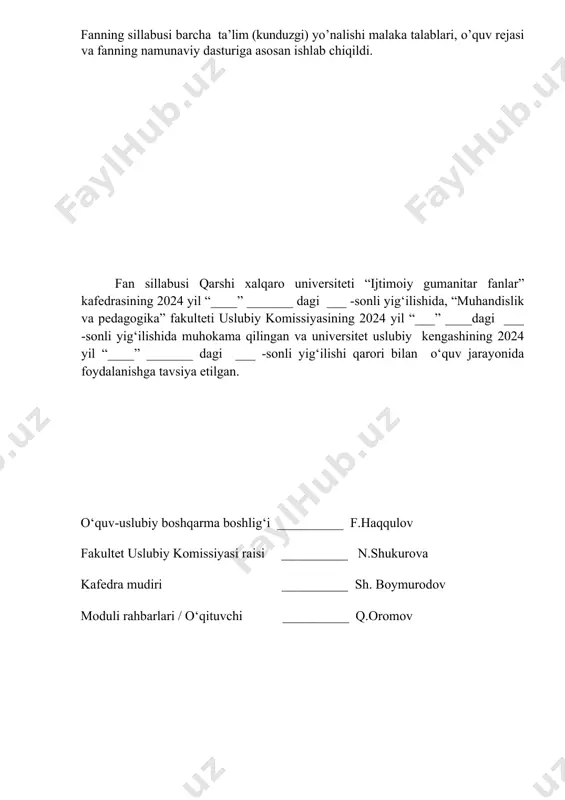 kllantirishdan iborat. moduli o‘zbek tilida olib boriladi. ii. modul asosiy talablari ushbu modul bakalavriat 1-kurs yoki undan yuqori kurs bo‘lgan talabalar uchun mo‘ljallangan. mustaqillikka erishish arafasida o‘zbekistonda yuzaga kelgan murakkab vaziyatni, ularning sabablari va oqibatlarini, mustaqillik yillaridagi o‘zgarishlarni, o‘zbekistonning eng yangi tarixi masalalarini, zamonaviy jarayonlarda o‘zbekistonning jahon hamjamiyatidagi o‘rnini puxta bilishni talab etadi. iii. annotatsiya 4 ects. (120 soati) fan/modul kodi o`eyat1104 o`quv yili 2024-2025 semester 1 kredit 4 fan/modul turi majburiy ta`lim tili o`zbek/rus haftadagi dars soatlari 4 11. fanning nomi auditoriya mashg`uloyt soati (soat) mustaqil ta`lim (soat) jami yuklama (soat) o’zbekistonning eng yangi tarixi 48 72 120 modul individual va jamoaviy vazifalarning uyg‘unligi asosida, nazariy va amaliy ko‘nikmalarni rivojlantirishga yo‘naltirilgan mashg‘ulot tarzida tashkil etilgan. mazkur moduli asosan mustaqillik yillarida o‘zbekiston respublikasida yuz bergan muhim o‘zgarishlar, tub islohotlarning mazmun-mohiyatini ko‘rsatish va jamiyat hayotida talabaning o‘rnini, o‘zligini anglatish maqsad qilgan milliy va xorijiy talabalar uchun foydali bo‘ladi. iv. moduldan ko‘zlangan …