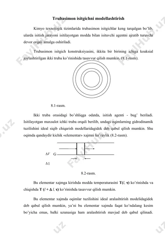 a f = 2r. l, (s- trubaning kesim yuzasi; f- trubaning issiqlik o’tkazish yuzasi; r -trubaning radiusi, odatda u, tenglama bo’yicha aniqlanadi, bunda ri, rt - trubaning ichki va tashqi radiusi). matematik o’zgartirishlardan so’ng quyidagi tenglamani olamiz: chiziqli tezlik (), sarfning (g) truba kesim yuzasiga (s) nisbati bo’yicha aniqlanishini hisobga olib, ma’lum bir matematik o’zgartirishlardan so’ng, yuqoridagi tenglamani quydagicha yozishimiz mumkin: t(l+ l,) - t(l,), mahsulot temperaturasini l masofadagi o’zgarishi ekanligini hisobga olsak, yuqoridagi tenglama quyidagi ko’rinishga keladi: (1) ushbu matematik model parametrlari taqsimlash ushbu matematik model parametrlari taqsimlangan model bo’lib, jarayonning dinamikasini ifodalaydi va unda temperatura ikki koordinata bo’yicha (vaqt va apparat uzunligi) o’zgaradi. statsionar holatda, , (1) tenglama quyidagi ko’rinishga keladi: yoki eyler usulini qo’llab, apparat uzunligi bo’yicha temperaturaning taqsimlanishi va isitigichning optimal uzunligini aniqlash kabi masalalarni yechish mumkin. foydalaniladigan adabiyotlar: 1. m.n. muminova, m.a. maksumova «kasbiy etika va etiket», uslubiy qo’llanma, t.,2006. 2. i. a. karimov «istiqlol …
