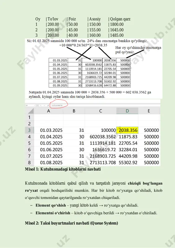 [10 | *] → [20 | *] → [30 | none] bu yerda:  head – ro‘yxatning birinchi tuguni.  har bir [data | next] blok tugunni ifodalaydi.  next keyingi tugunga ishora qiladi.  none oxirgi element ekanligini bildiradi. 2. ikki bog‘langan ro‘yxat (doubly linked list) bu ro‘yxat har bir tugunda oldingi (prev) va keyingi (next) elementlarga bog‘langan maydonlarga ega. mantiqiy tasviri: none ← [data | prev | next] ↔ [data | prev | next] ↔ [data | prev | next] → none agar quyidagi elementlar bo‘lsa: 10 ↔ 20 ↔ 30 bu quyidagicha ko‘rinadi: none ← [10 | none | *] ↔ [20 | * | *] ↔ [30 | * | none] → none  har bir tugunda ikkita ko‘rsatkich (prev, next) bor.  ro‘yxatning boshi oldingi (prev) maydonida none bo‘ladi.  ro‘yxatning oxiri keyingi (next) maydonida none bo‘ladi. 3. halqali bog‘langan ro‘yxat (circular linked list) bu …
