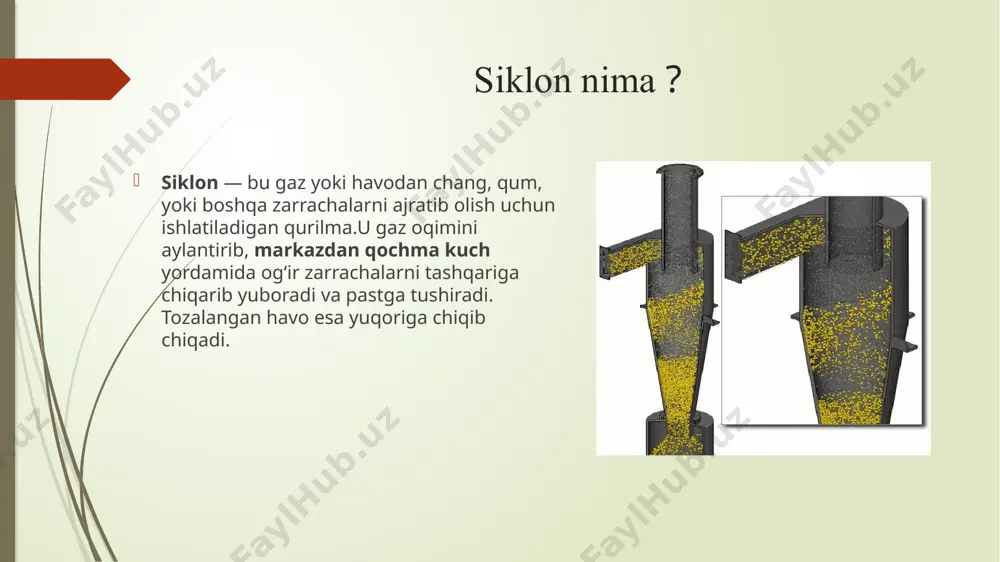 us diametri (masalan, 300–1000 mm) l (balandlik) umumiy balandlik, odatda dm ning 3–5 barobari kirish o‘lchami odatda 0.2–0.25 dm kenglikda bo‘ladi chiqarish trubkasi dm ning 0.4–0.6 qismiga teng ajratish samaradorligi 70–95% (zarracha o‘lchamiga va oqim tezligiga bog‘liq) gaz/suyuqlik tezligi 12–30 m/s oralig‘ida bo‘ladi markazdan qochma kuch (f): m – zarrachaning massasi v – aylanish tezligi r – aylanish radiusi m – zarrachaning massasi v – aylanish tezligi r – aylanish radiusi xulosa. markazdan qochma siklonlar – bu atmosfera tizimlari bo'lib, ular havo oqimlarining markazdan tashqariga qarab harakatlanishi natijasida yuzaga keladi. bunday siklonlar kuchli shamollar va yomg'irlar keltirib chiqaradi va katta ob-havo o'zgarishlariga sabab bo'ladi. ular meteorologiya, gidrodinamika va boshqa ilmiy sohalarda muhim rol o'ynaydi, chunki atmosferadagi havo aylanishlarini va havo oqimlarini tahlil qilishda katta ahamiyatga ega. qurilish va sanoat sohalarida ham bu hodisalar inshootlarning barqarorligini ta'minlash, ventilyatsiya tizimlarini loyihalash va materiallarni tanlashda hisobga olinadi. shuningdek, markazdan qochma siklonlarning ta'siri yirik …