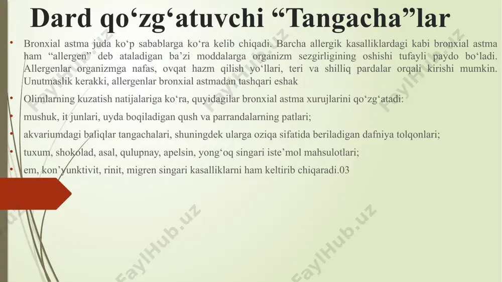 hning asosida allergenlar bilan aloqani cheklash, to’gri parhezga rioya qilish va to’g’ri ishda ishlash yotadi. agar allergenni aniqlash imkoni bo’lsa, o’ziga xos giposensibilitiv davolash allegenga organizmning reaktsiyasini kamaytirishga yordam beradi. nafas qisilishi xurujlarini bartaraf etish maqsadida aerozol shaklida beta-adrenomimetiklar qo’llaniladi, ular bronxlarni tezda kengaytishiga va bal’gam ko’chishiga yordam beradi. unday prearatlar fenoterol gidrobromidi, salbutamol, ortsiprenalin. har bir holatda doza alohida-alohida tayinlanadi. ipratropium shuningdek nafas qisilishi xurularini m-xolinolitik guruhidagi preparatlar yaxshi bartaraf etadi — ipratropiy bromid aerozoli va uning fenoterol bilan birlashmasi. bronxial astma bilan kasallangan bemorlar orasida ksantin mahsulotlari juda mashhurdir. ular uzoq vaqt ta’sir ko’rsatadigan, tabletka shaklidagi astma xurujlarini oldini olish uchun tayinlanadi. so’nggi yillarda, mastotsitlarning (granulositlarning bir turi) degranulyatsiyasiga to’sqinlik qiladigan dorilar astmani davolashda ijobiy natijalar bermoqda. bular ketotifen, natriy kromoglikat va kaltsiy ionlari antagonistlari. bronxial astmani oldini olish va kasallik yakuni bronxial astmaning kechishi avj olish va remisiiya davrlaridan iborat, kasallik o’z vaqtida aniqlanganda tegishli davolash choralari …