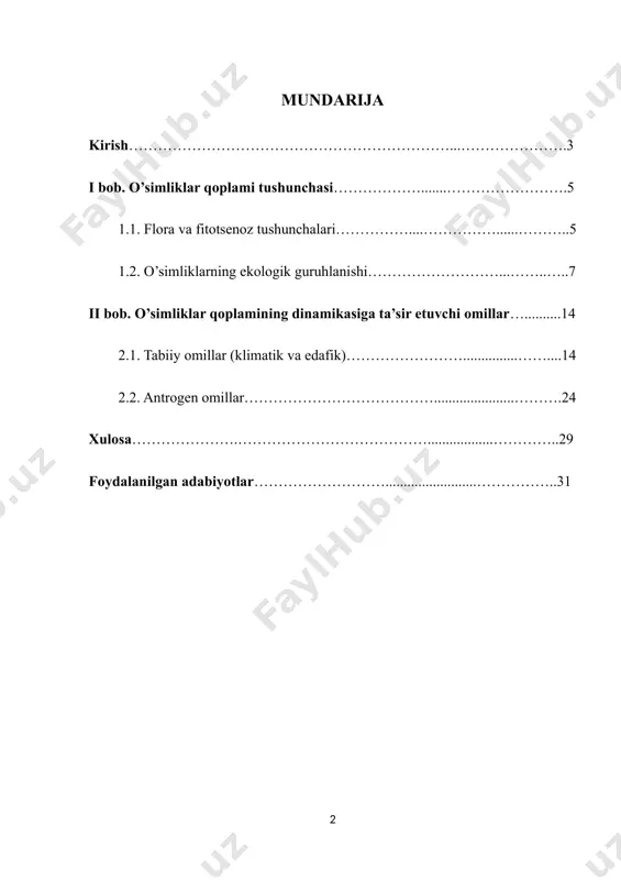 beradi. biologik xilma-xillikni saqlash va tabiiy resurslarni muhofaza qilish o‘simliklar jamoalarining vaqt o‘tishi bilan qanday o‘zgarishini bilish, biologik xilma-xillikni saqlash va tabiiy resurslarni uzoq muddat muhofaza qilish uchun muhimdir. bu jarayonlarni tushunmasdan, tabiiy muhitni saqlash va tiklash imkoniyati cheklangan bo‘ladi.ilmiy va amaliy rivojlanish uchun asosiy yo‘nalish o‘simliklar qoplami dinamikasi ekologiya, biologiya, geobotanika va landshaftshunoslik sohalarining asosiy yo‘nalishlaridan biri bo‘lib, ularni chuqur o‘rganish ilmiy rivojlanish va amaliyotda yangi yondashuvlar yaratishga imkon beradi. kurs ishining maqsadi. o’simliklar qoplami tushunchasi, flora va fitotsenoz tushunchalari, o’simliklarning ekologik guruhlari, o’simliklar qoplamining dinamikasiga ta’sir etuvchi omillar tabiiy omillar haqida o’rganish kurs ishining vazifalari: · o’simliklar qoplami tushunchasi bilan tanishish; · flora va fitotsenoz haqida ma’lumotlar toplash va taxlil qilish; · o’simliklarning ekologik guruhlanishi o’rganish; · o’simliklar qoplamining dinamikasiga ta’sir etuvchi omillar haqida ma’lumotlar toplash va taxlil qilish; · tabiiy omillar (klimatik va edafik) haqida ma’lumotlar toplash va taxlil qilish; · antrogen omillar haqida ma’lumotlar toplash va …