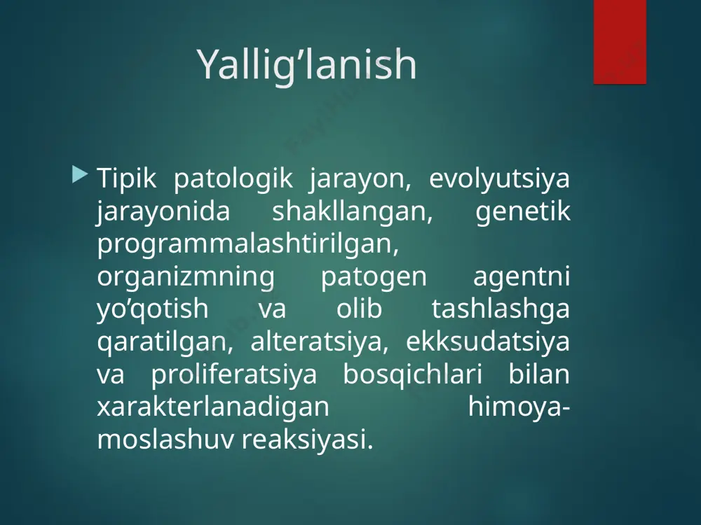 mir nazariyasi (1867) yallig’lanish jarayonida mahalliy qon aylanishining buzilishi,qon tomir reaksiyasi,ekssudatsiya va leykotsitlarning emigratsiyasi dinamik ravishda namoyon bo’ladi. mechnikovning (evolyutsion, fagotsitar)nazariyasi (1892), evolyutsion rivojlanishning turli darajalarida organizmlarda bu va boshqa to’qimalarning shikastlanishiga javoban,har xil darajada bo’lsa ham,qon va to’qimalarning mikro va makrofaglarning reaksiyasi majburiy ravishda hosil bo’lishini ko’rsatadi. yallig’lanish nazariyalari g. shade ning fizik-kimyoviy (molekulyar) nazariyasi(1923), unga ko’ra, yallig’lanish joyida har doim atsidoz,osmotic gipertenziya va onkotik bosim ortishi kuzatiladi. v.menkinning biokimyoviy (mediator) nazariyasi (1948),yallig’lanish rivojlanishida flologen fiziologik faol moddalarning mavjudligi va ularning har xil o’rnini borligini aniqladi ( leykotaksin,ekssudin, leykotsitoz omillari,pireksin va hokazolar . yallig’lanish nazariyalari а. поликар ning dinamik nazariyasi xx asrning 1-yarmi), yallig’lanish o’chog’ida birlamchi,ikkilamchi,vaskulyar,plazmatik,hujayraviy,yiringli va tiklanish reaksiyalari dinamikasini ochib berdi. xx asr immunologic nazariyasi, yallig’lanish immune tizimning majburiy reaksiyasi sifatida qaraladi. yallig’lanish autoxtonligi yallig’lanish xususiyati,u boshlangandan keyin,etilogik omil ta’sir qilishda davom etadimi yo’qligidan qat’iy nazar, barcha bosqichlarni oxirigacha davom ettiradi. yallig’lanish kaskadligi yallig’lanish autoxtonligi autoxton mahalliy mexanizmlar …