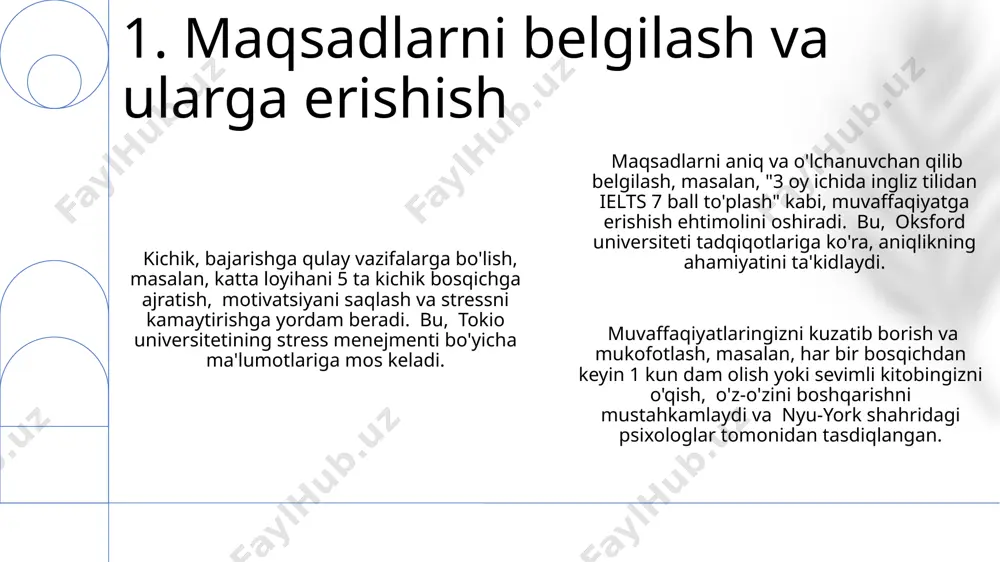 siv mushaklarni bo'shashtirishni muntazam, kuniga ikki marta, har bir mashqni 5-7 daqiqa davomida bajarish stress darajasini sezilarli darajada kamaytiradi va umumiy sog'liqni saqlashni yaxshilaydi. 6. progressiv mushaklarni bo'shashtirish vaqtni boshqarishda pomodoro texnikasi, 25 daqiqa ish va 5 daqiqa dam olish sikllarini o'z ichiga oladi va bu usul samaradorlikni 20% ga oshirishga yordam beradi, degan tadqiqotlar mavjud. o'zbekistonning turli shaharlarida o'tkazilgan so'rovnomalar shuni ko'rsatdiki, kunlik rejasini tuzish va unga amal qilish orqali 70% ga yaqin odamlar vaqtini samarali boshqarishni o'rganishgan. vaqtni boshqarish bo'yicha mutaxassislarning fikricha, har kuni kamida 1 soatni o'zingizga, ya'ni shaxsiy rivojlanishingizga ajratish, stressni kamaytirish va umumiy samaradorlikni 15% ga oshirish imkonini beradi. 7. vaqtni boshqarish 10 dan ortiq turdagi his-tuyg'ularni aniqlash va ularga mos reaksiyalarni shakllantirish, masalan, g'azabni ijodiy yo'llar orqali ifoda etish, samarqanddagi psixologlar tomonidan tavsiya etiladigan samarali hissiy boshqaruv strategiyasidir. hissiy holatni nazorat qilishning samarali usullaridan biri – kundalik hayotda 5-7 marta chuqur nafas olish mashqlarini …