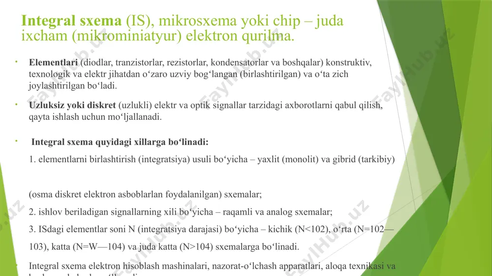 d circuit integral mikrosxemalarning ishlab chiqarish jarayoni dizayn: mikrosxemalar dizayni asosan kompyuter yordamida bajariladi. cad (computer-aided design) dasturlari orqali arxitektura va sxema yaratiladi. materiallar: asosiy material sifatida silikon ishlatiladi. silikon wafers (parda) hosil qilinadi, bu parda chipning asosiy qismi bo‘ladi. protsess: ekranlash: silikon wafersga oksid qatlamlari, rezistorlar va boshqa komponentlar qo‘shiladi. photolithography: tasvirlarni qattiq silikonga o‘tkazish uchun fotolitosiz protsesslari amalga oshiriladi. ishlash: barcha kerakli komponentlar joylashtirilgach, chiplarni birlashtirish va o‘rnatish jarayoni amalga oshiriladi. sinov: yakuniy mikrosxemalar sinovdan o‘tkaziladi, bu esa ularning ishonchliligini va sifatini ta'minlaydi. qadoqlash va tarqatish: sinovdan o‘tgan imslar qadoqlanadi va bozorga chiqariladi. qo‘llanilish sohasi iste'mol elektronikasida: smartfonlar, planshetlar, televizorlar, va boshqa iste'molchi mahsulotlar. avtomobil sanoatida: avtomobillarni boshqarish tizimlari, sensorlar va xavfsizlik tizimlarida keng qo‘llaniladi. tibbiyotda: tibbiy apparatlar, monitoring tizimlari va diagnostika uskunalarida imslardan foydalaniladi. aerospace va harbiy tizimlarda: katta xavfsizlik talab qiladigan tizimlar va yuqori aniqlikdagi qurilmalar. kompyuter texnologiyalari: cpular, gpular, ram modullari va boshqa xotira elementlarida …