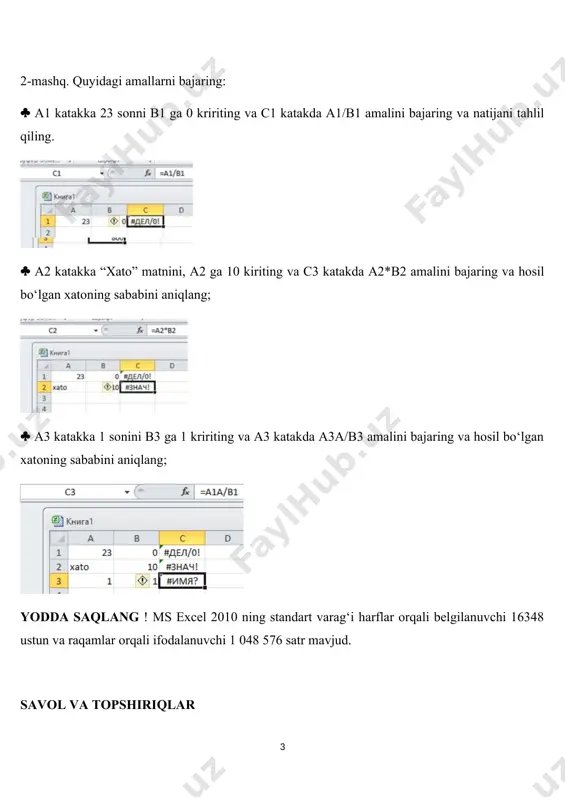 ning standart varag‘i harflar orqali belgilanuvchi 16348 ustun va raqamlar orqali ifodalanuvchi 1 048 576 satr mavjud. savol va topshiriqlar 1. excel elektron jadvallarida ma’lumotning qanday turlari mavjud? 2. a2d:h9 yozuvida qanday xatolik mavjud? 3. berilgan uchta sonni yig‘indisini hisoblang. 4. berilgan ikkita sonn uyga vazifa 1. excel elektron jadvali yordamida (a+b)*(c+d) ifoda o‘zgaruvchilarning ixtiyoriy qiymatlarida hisoblang. 2. berilgan to’rtta sondan ikki juftlik ajrating va ularning bo‘linmasini hisoblang, natijalarni o’zaro ko’paytiringdan . 2-dars. katakka murojaat: nisbiy, absolyut va aralash murojaat microsoft excel 2010 elektron jadvallari yordamida arifmetik amallardan tashqari kataklarga turlicha murojaat qilish orqali amaliy masalalarni mazmunan sifatli yechish mumkin. 1-mashq. sinflarda fanlardan o‘zlashtirish ko‘rsatkichlari aniqlansin. 1-mashq. sinflarda fanlardan o‘zlashtirish ko‘rsatkichlari aniqlansin. bajarish: birinchi satr kataklari tugmasi yordamida kataklar bittaga keltirilib “sinflarda fanlardan o‘zlashtirish ko‘rsatkichlari” matni yoziladi; a2:a3 kataklar birlashtirilib “sinflar” yozuvi katak o‘rtasiga joylashtiriladi; b2:b3 kataklar birlashtirilib “o‘quvchilar soni” yozuvi katak o‘rtasiga joylashtiriladi; 9 c2:g2 kataklar birlashtirilib “fanlar” yozuvi …