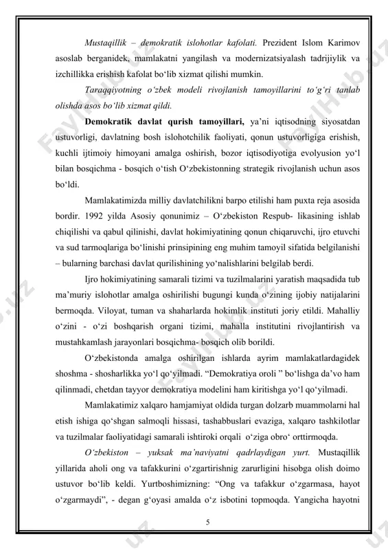 qda. ushbu modelning tamoyillari asosida mamlakatimizni isloh etish va modernizatsiya qilish bо‘yicha har tomonlama va chuqur о‘ylagan tadrijiy taraqqiyot dasturini izchil amalga oshirganimiz inqirozning, jahon bozoridagi keskin о‘zgarish va beqarorlikning iqtisodiyotiimzga, moliya va bank tizimiga salbiy ta’sirini sezilarli darajada kamaytirish imkonini berdi. bugun dunyo iqtisodiyotidagi ahvolni tahlil qilar ekanmiz, jahon moliyaviy va iqtsodiy inqirozi hali beri nihoyasiga yetgani yо‘q, deb aytishga barcha asoslarimiz bor. dunyodagi taraqqiy topgan 20 ta davlat ishtirokida tashkil etilgan, “katta yigirmalik” deb nom olgan guruh doirasida qabul qilinayotgan barcha chora - tadbirlarga qaramasdan, jahon iqtisodiyotida barqaror о‘sish sur’atla- riga erishish yо‘lida hozircha biron- bir jiddiy siljish kо‘zga tashlanayotgani yо‘q. biz bugun 2010 yil yakunlarini baholar ekanmiz, avvalo, mamlakatimiz iqtisodiyotining yuqori barqaror о‘sish sur’atlari va makroiqtisodiy mutanosibligi saqlanib qolayotganini qayd etishiz zarur. shuni yana bir bor eslatib о‘tmoqchimanki deb, ta’kidlaydi prezidentimiz, yurtimizda yalpi ichki mahsulotning о‘sish sur’atlari 2008 yilda 9 foiz, 2009 yilda 8,1 foiz, 2010 yilda …