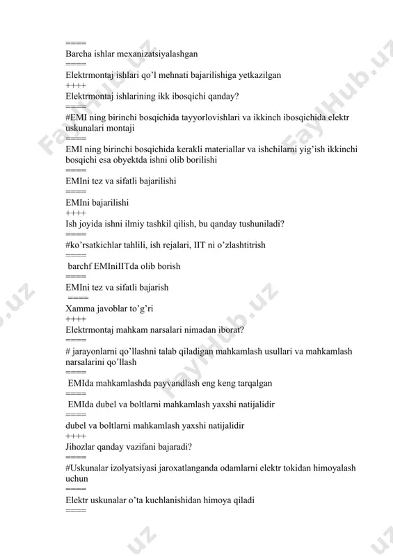 likni oshirish maqsadida ==== induktiv qarshilikni kamaytirish maqsadida ==== liniyaning quvvat uzatish qobiliyatini oshirish maqsadida ==== liniyada quvvat isrofini kamaytirish maqsadida ++++ hlda tros qanday vazifani bajaradi? #atmosfera o’ta kuchlanishlardan himoyalash vazifasini bajaradi. qisqa tutashuv toklaridan himoya qiladi. hlning mexanik mustahkamligini oshiradi. ==== qisqa tutashuv toklaridan himoya qiladi ==== hlning mexanik mustahkamligini oshiradi ==== atmosfera o’ta kuchlanishlardan himoyalash vazifasini bajaradi ++++ nima sababdan ayrim o’ta yuqori kuchlanishli podstanstiyalarda g’ovak o’tkazgichlardan foydalaniladi? ==== # tojlanishga isrof bo’luvchi quvvatni kamaytirish maqsadida ==== o’tkazgichni qizishiga isrof bo’luvchi quvvatni kamaytirish maqsadida ==== mexanik mustahkamlikni oshirish maqsadida ==== shamol ta’sirida silkinishni kamaytirish maqsadida ++++ qanday hllarda troslar o’rnatiladi? ==== # dan yuqori kuchlanishli hllarda toslar o’rnatiladi ==== dan yuqori kuchlanishli hllarda toslar o’rnatiladi. ==== dan yuqori kuchlanishli hllarda toslar o’rnatiladi ==== dan yuqori kuchlanishli hllarda toslar o’rnatiladi ==== hlning tayanchlari vazifasi bo’yicha qanday turlarga ajratiladi? ++++ anker va oraliq tayanchlari ==== #yog’och va metall tayanchlari …