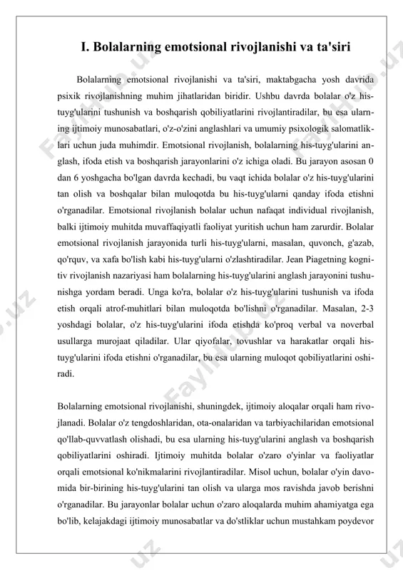 amlaydi. hissiy rivojlanish jarayonida bolalar turli xil hissiyotlarni boshdan kechiradi. ular baxt, xafagarchilik, qo‘rquv, g‘azab va hayrat kabi emotsiyalarni his qilishadi. ushbu hissiyotlarni tushunish va ularga to‘g‘ri javob qaytarish bolaga ijtimoiy hayotda muvaffaqiyatli bo‘lishga yordam beradi. emotsional rivojlanish bolalarning kelajakdagi psixologik holati va ijtimoiy munosabatlariga ham ta’sir qiladi. agar bola kichik yoshda qo‘llab-quvvatlansa va hissiy ehtiyojlari qondirilsa, u kelajakda atrofdagilar bilan iliq va ishonchli munosabatlar o‘rnata oladi. aksincha, emotsional ehtiyojlari qondirilmagan bolalar kelajakda o‘z his-tuyg‘ularini boshqarishda qiyinchiliklarga duch kelishi mumkin. bolalar emotsiyalarni rivojlantirish jarayonida kattalarning yordami juda muhim. ular bolalarga hissiyotlarini ifodalash, tushunish va boshqarish bo‘yicha o‘rnak bo‘lishlari kerak. shuningdek, o‘yinlar, san’at va musiqadan foydalanish bolalarning hissiy ifodasini rivojlantirishda samarali usullardan biri hisoblanadi. emotsional rivojlanish nafaqat individual rivojlanishga, balki jamiyatdagi munosabatlarga ham ta’sir qiladi. hissiy jihatdan rivojlangan bolalar kelajakda mas’uliyatli, empatiyaga ega va boshqalar bilan yaxshi munosabat o‘rnata oladigan shaxslar bo‘lib ulg‘ayishadi. ii. kognitiv rivojlanish va o'qitish usullari kognitiv rivojlanish …