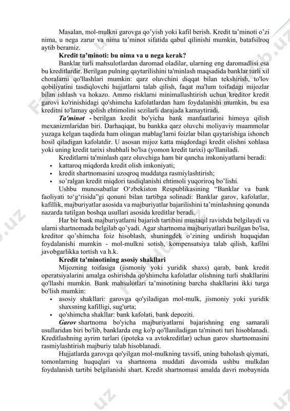 uqlari va shartnoma muddati davomida ushbu mulkdan foydalanish tartibi belgilanishi shart. kredit shartnomasi amalda davri mobaynida qarz oluvchi uni to'liq tasarruf eta olmaydi, deyarli barcha operatsiyalar faqat qarz beruvchi (garovga oluvchi) bilan kelishilgan holda amalga oshiriladi. qarz oluvchilar uchun qanday imtiyozlar mavjud? bu garovning qiymatiga bog'liq. agar ipoteka yoki ko'chmas mulk bilan ta'minlangan kredit haqida gapiradigan bo'lsak, unda mijoz pastroq foiz stavkalari, uzoqroq to'lov muddati yoki kattaroq miqdorda kredit olishi mumkin yoki bu buzilgan kredit tarixi bilan kredit olish imkonini beradi. kafillik garovdan keyin ikkinchi eng keng tarqalgan ta’minot turi. kafillik taqdim etish orqali amalga oshiriladi, ya'ni boshqa tomonning (jismoniy yoki yuridik shaxs) ishtiroki talab qilinadi. bunda birgalikda qarz oluvchi yoki kafilni jalb qilish mumkin, odatda ular qarz oluvchining qarindoshlari yoki yaqin do'stlari / hamkasblari bo’ladi. kafillik shartnomasi - bu kafil bilan kreditor o'rtasidagi bitim bo'lib, kafil birgalikda javobgarlikni o'z zimmasiga oladi. ya'ni, kafil asosiy qarz oluvchi bilan bir xil …