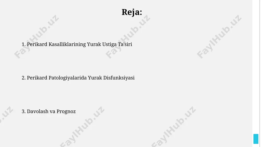 diafragma sindromi, diafragma nervlarining siqilishi tufayli yurak faoliyatining buzilishi bilan tavsiflanadi va 20-40% hollarda o'tkir yurak yetishmovchiligiga olib kelishi mumkin. perikard diafragma sindromini tashxislashda, transesophageal ekokardiografiya (tee) va kompyuter tomografiyasi (kt) kabi tasviriy tekshiruv usullari muhim rol o'ynaydi, diagnostika aniqligi 85-95% gacha yetishi mumkin. perikardit: sabablari va klinik ko'rinishlari perikarditning 80% dan ortiq hollari virusli infektsiyalar, jumladan, gripp va adenoviruslar tufayli kelib chiqadi, ammo bakterial, qo'ziqorin yoki o'sma sabablari ham uchraydi. perikardial effuziya hajmi 200 ml dan oshganda, yurak tamponadasi rivojlanishi xavfi ortadi, bu esa yurak faoliyatining keskin pasayishiga va hatto o'limga olib kelishi mumkin. yurak disfunksiyasining mexanizmlari perikard patologiyasida perikard tamponadasida, tez rivojlanayotgan perikardial bosim 10-15 mm hg dan oshganda yurak to'qimalariga qon oqimi keskin kamayadi, bu esa qon aylanishining keskin buzilishiga olib keladi. perikard effuziyasi yurak bo'shliqlarini siqib, diastolik to'lqinni kamaytiradi, bu esa yurak chiqarish hajmining 20-30% ga pasayishiga olib keladi va yurak yetishmovchiligiga olib kelishi mumkin. perikard …