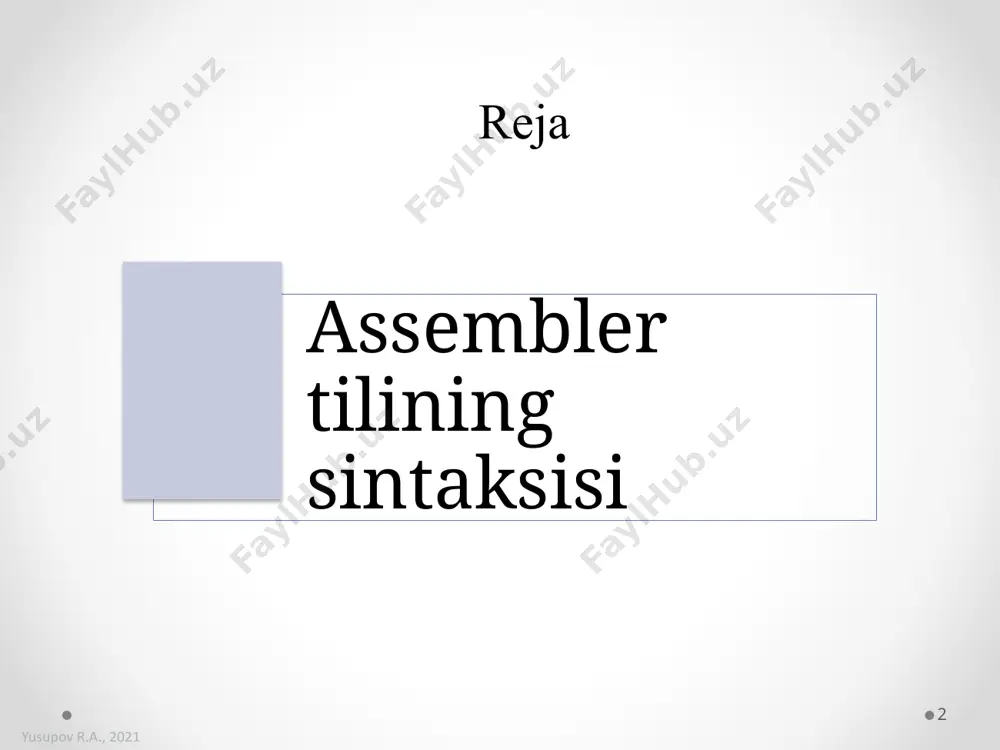 g exchange cmp compare push push call call ret return jmp jump ularning hammasi – kalitli so’zlardir. jami 150 atrofida. yusupov r.a., 2021 12 direktivalar a) kompilyator xatti-harakatini o’zgartirish .386 .model flat, stdcall option casemap: none end entry_point b) «kompilyator! men uchun chora ko’r!» mov eax, offset num kod yo’q. yusupov r.a., 2021 13 ifodalar o’zgarmas o’rnida. mov bx, offset memvar + (3*2) - 5 operatsiyalar ko’p. + - * /(butun) mod eq ne lt le gt ge and or xor not [ ] indeksli mov bx, 156h mod 12h mov al, tab_size ge 50 ; 0 yoki 1 cmp al, mas[esi] ; трактуется как (mas + esi) o’zgarmas kabi qatnashishi kerak mov ebx, 15a6h mod ax ; xato yusupov r.a., 2021 14 ma’lumotlarni joylashtirish db, dw, dd, dq, dt. . . masalan, dw – “define word” ifoda .data n1 dd 1, 6, 0aah, ?, ? mass4 dw 0 arr …