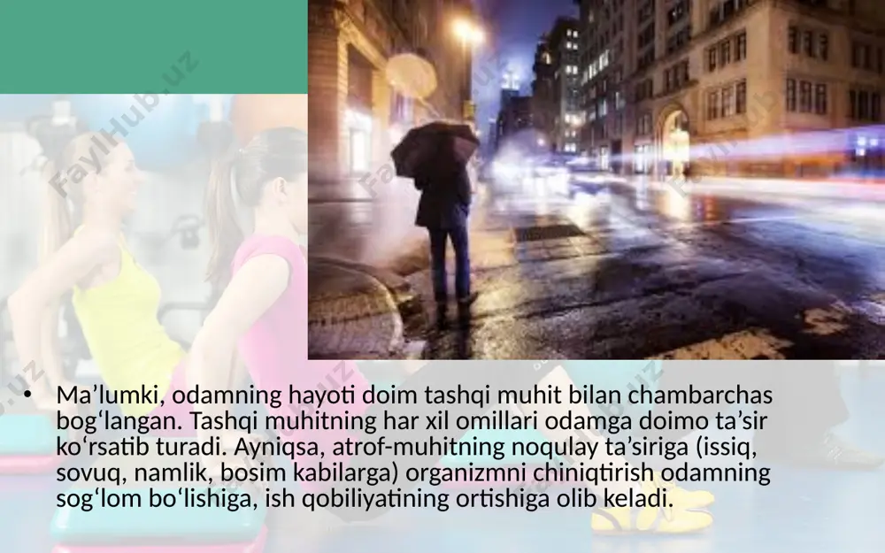 vzasida) cho‘milishdan iborat. donishmand xalqimiz teri sog‘liq oynasi deydi. uning funksiyalari normal o‘tishi uchun teri doim toza bo‘lishi zarur. terini toza saqlash odam madaniyatining asosiy ko‘rinishlaridan biri hisoblanadi: — bolani yoshligidan qo‘l yuvishga o‘rgatish lozim. qo‘lni ovqatlanishdan oldin albatta yuvish kerak; — yuz, bo‘yin sohalarini har kuni ikki marta — ertalab va kechqurun uxlash oldidan yuvish lozim; — haftada 1—2 marta hammomga tushish yoki issiq dush qabul qilish lozim. cho‘milganda o‘quvchilar maxsus, „bolalar“ sovunidan foydalanganlari ma’qul, chunki uning tarkibidagi lanolin moddasi terini yumshatadi, undagi bor kislota teridagi mikroblarni yo‘qotadi. kiyim va poyabzalga bo‘lgan gigiyena talablari. odamning kiyimi va poyabzali yil fasliga mos bo‘lib, havoni yaxshi o‘tkazadigan bo‘lishi kerak. sintetik materiallardan tikilgan kiyim, rezinadan tayyorlangan poyabzallar havo o‘tkazmaydi. shuning uchun ter bezlaridan ajralgan suyuqlik yaxshi bug‘lanmaydi. buning oqibatida ichki kiyim, paypoq ho‘l bo‘lib, odam shamollab qolishiga sabab bo‘ladi. shunga ko‘ra, ayniqsa, respublikamizning issiq iqlim sharoitida sintetik materiallardan tikilgan kiyim, paypoq va …