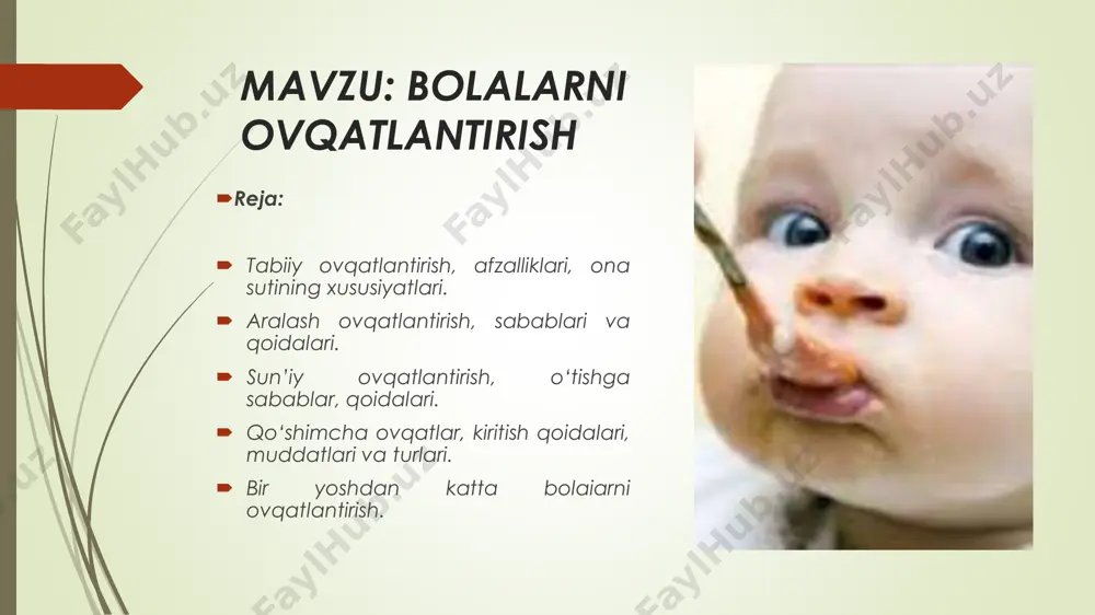 roq bo‘ladi. 6. ona suti bilan bola organizmiga immun omillar o‘tadi. 7. ona suti bola organizmiga steril holda o‘tadi. 8. ona suti bola organizmiga me’yordagi haroratda o‘tadi. 9. ona suti tarkibidagi vitaminlar va mikroelementlar kam miqdorda bo‘lgan taqdirda ham hazm tizimidagi fermentlarning faqat ona sutigagina moslashganligidan to‘liq so‘rilish xususiyatiga ega. • hayotining birinchi yilini yashab kelayotgan bolalar uchun ona suti hech narsa bilan almashtirib bo‘lmaydigan bebaho ovqat mahsulotidir. • lekin bolani emizib boqishga monelik qiladigan turli xil sabablar va ayrim qiyinchiliklar bolani ona suti bilan boqilishiga vaqtincha yoki batamom to‘sqinlik qilishi mumkin. quyida ana shu sabablar va qiyinchiliklar haqida to‘xtalib o‘tamiz. • ko‘krak suti bilan boqishga monelik qiladigan sabablarning mutloq va nisbiy turlari farqlanadi. 1. mutloq monelik qiladigan sabablarga quyidagilar kiradi: a) bola tomonidan bo‘ladigan sabablar: — markaziy asab tizimining og‘ir kasalliklari; — gemolitik kasallik (hayotining dastlabki 7—10 kunida); — og‘ir darajadagi chalalik (so‘rish va yutish reflekslarining yo‘qligi); — respirator …