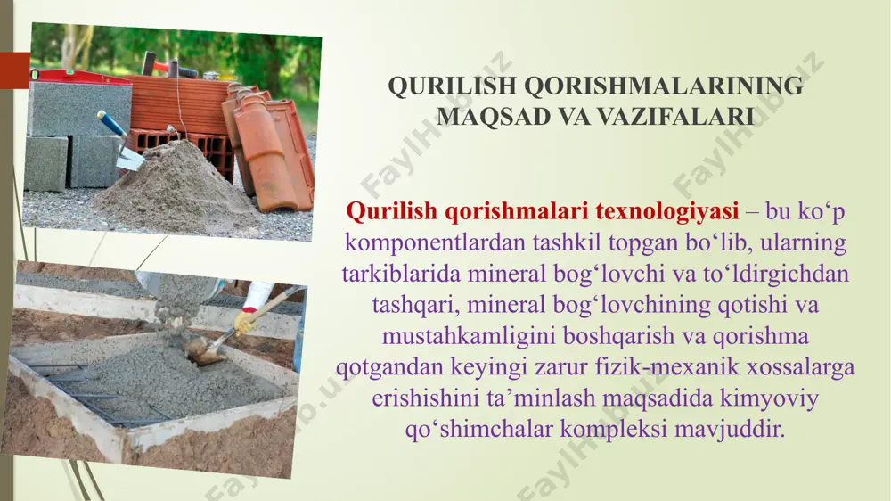 9-2003 da quruq qurilish qorishmalarining klassifikatsiyasi belgilab qo‘yilgan. unga ko‘ra quruq qurilish qorishmalari asosiy vazifasi, foydalanilayotgan bog‘lovchisining turi va to‘ldiruvchisining eng yirik o‘lchamiga qarab sinflarga bo‘linadi. asosiy vazifasiga ko‘ra ular: tekislovchi; pardozlovchi; pol uchun; ta’mirlash uchun; himoyalovchi; terish uchun; montaj uchun; dekorativ; gidroizolyatsiya uchun; issiqlik izolyatsiyasi uchun; gruntlash uchun kabi asosiy turlarga bo‘linadi. aniq nisbatlarda obdon tanlab olingan mineral bog‘lovchi moddalar, suv, yirik va mayda to‘ldiruvchilar (zarur hollarda maxsus qo‘shilmalar) aralashmasining qotishi natijasida hosil bo‘ladigan sun’iy toshga beton deyiladi. ushbu komponentlarning quyuq holatdagi aralashmasi u qotib boshlagunga qadar beton qorishmasi deb ataladi. betonning yoki beton qorishmasining ayrim xossalarini yaxshilash, tannarxini kamaytirish va sifatini oshirish maqsadida tayyorlash jarayonida unga maxsus qo‘shilmalar ham qo‘shiladi. hozirgi paytda qurilishda betonning turli xillari ishlatilmoqda va unga bo‘lgan talab yildan-yilga oshib bormoqda. betonning turlari va xillarini ajratish uchun ularni sinflash orqali tartibga solish maqsadga muvofiqdir. qo‘yiladigan talablarni barchasiga javob beradigan qorishmani olish uchun qorishma tarkibini to‘g‘ri …