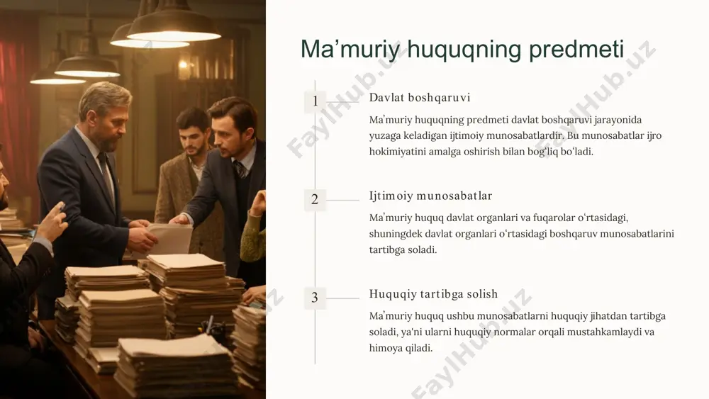 rini belgilaydi va himoya qiladi. maʼmuriy huquqning rivojlanishi 1 sobiq it t ifoq davri bu davrda maʼmuriy huquqdan davlat va kommunistik partiya ijtimoiy munosabatlarni tartibga solishda eng asosiy va kuchli qurol sifatida foydalandi. 2 mustaqillik davri mustaqillikka erishganimizdan soʻng maʼmuriy-buyruqbozlik tizimiga barham berilib, maʼmuriy huquq oʻzining ikkinchi rivojlanish bosqichi sari yoʻl oldi. 3 zamonaviy davr hozirgi kunda maʼmuriy huquq rivojlanishining uchinchi bosqichi davom etmoqda, bu davrda maʼmuriy islohotlar amalga oshirilmoqda. maʼmuriy huquqning manbalari konst itutsiya oʻzbekiston respublikasi konstitutsiyasi maʼmuriy huquqning asosiy manbasi hisoblanadi. qonunlar oʻzbekiston respublikasining qonunlari maʼmuriy huquqning muhim manbalari hisoblanadi. qonunost i hujjat lari prezident farmonlari, vazirlar mahkamasining qarorlari, vazirliklar va davlat qoʻmitalarining normativ hujjatlari maʼmuriy huquqning manbalari hisoblanadi. maʼmuriy huquqning subʼyektlari prezident oʻzbekiston respublikasi prezidenti maʼmuriy huquqning asosiy subʼyektlaridan biri hisoblanadi. hukumat oʻzbekiston respublikasi vazirlar mahkamasi maʼmuriy huquqning muhim subʼyekti hisoblanadi. fuqarolar oʻzbekiston respublikasi fuqarolari maʼmuriy huquqning subʼyektlari hisoblanadi. yuridik shaxslar davlat va nodavlat tashkilotlar, xoʻjalik boshqaruv …