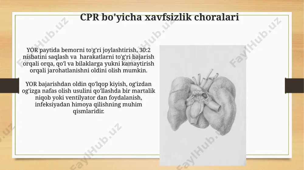 fas olmasa va puls yo'q bo'lsa, cprni defibrillyator yordamida elektr toki bilan ta'minlashdan oldin darhol boshlash kerak. aed (avtomatik defibrilyator) nima? aed ning samaradorligi to'g'ri va o'z vaqtida qo'llanilishiga bog'liq bo'lib, taxminan 70-80% hollarda yurak ritmini tiklashga yordam beradi, bu esa o'lim holatlarini kamaytiradi. aed yurak ritmining hayot uchun xavfli buzilishini aniqlab, 150-200 j quvvatdagi elektr toki yordamida yurak faoliyatini tiklashga yordam beradigan tibbiy asbobdir. cprdan keyingi harakatlar bemorning tana haroratini muntazam tekshiring, gipotermiya (35°c dan past) xavfini hisobga olib, uni normal holatda saqlashga harakat qiling. agar bemorda hushidan ketishdan keyin travma belgilari bo'lsa, u holda 112 ga qo'ng'iroq qiling va travmatologiya xizmatlariga murojaat qiling, shikastlanish darajasini aniqlash va zarur davolanishni ta'minlash kerak. cprni o'rganishning ahamiyati yurak-o'pkadan qayta tiklash (yqt)ni o'rganish, har yili 17 million kishining hayotini saqlab qolish imkonini beradi, shu jumladan, 70% dan ortig'i yurak to'xtab qolishidan kelib chiqadi. cprni bilish, birinchi yordam ko'rsatish vaqtida o'lim xavfini 20-30% …