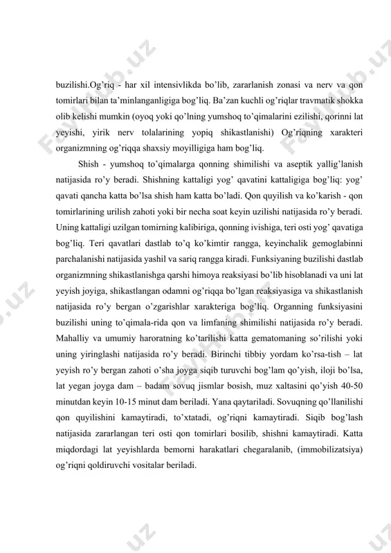 isitgich qo’llash, isituvchi kompress, suv vannalari) massaj ( uqalash), davolash gimnastikasi qo’llaniladi. katta o’lchamli lat yeyishlarda, rentgen orqali tekshirib, suyaklar sinishi bor yo’qligini aniqlash kerak. o’zicha so’rilib ketmaydigan katta gematomalarni punksiya qilinib, ketidan antibiotiklar yuboriladi, ba’zan jarrohlik yo’li bilan ivigan qon olib tashlanadi. paylarning cho’zilishi va uzilishi. simptomlari. birinchi tibbiy yordam va davolash. paylarning cho’zilishi tashqi kuch ta’sirida to’qimalarning haddan tashqari zo’riqishi natijasida ro’y beradi. tashqi kuch ta’sirida bo’g’im yuzalari vaqtincha fiziologik me’yordan chiqqan holda bir-biridan uzoqlashadi va bunda bo’g’im xaltasi va uni ushlab turuvchi pay va muskullar zararlanmaydi. ko’pincha boldir-tovon bo’g’imi paylari cho’ziladi. paylar cho’zilganda ularning anatomik butunligi buzilmaydi, qon tomirlar uzilishi mumkin. natijada bo’g’im atrofida shish va aseptik yallig’lanish ro’y beradi. dastlabki vaqtlarda qon quyilishi bilinmasligi mumkin, keyinchalik esa tqq ko’kimtir dog’lar paydo bo’ladi. bo’g’im harakati yo’qolmasa ham, harakat vaqtida og’riqni zo’rayishi harakatni chegara-laydi. birinchi tibbiy yordam xuddi lat yeyishdagiga o’xshash bo’lib, qon quyilishini kamaytirish maqsadida dastlab (muz …
