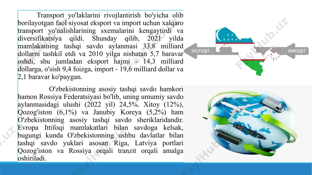 5 baravar oshdi; - 2024 yil oxiriga kelib, o'zbekiston meva va sabzavot etishtirishni yilda 32 million tonnagacha oshirishni rejalashtirmoqda; - meva va sabzavot mahsulotlarining eksportiga talabning ortishi tufayli mamlakatda transport imkoniyatlarining etishmovchiligi kuzatilmoqda, bu transport va logistika kompaniyalari uchun o'zbekiston bozorida ustunlikka ega bo'lish uchun yaxshi imkoniyatdir. image1.jpeg image2.jpeg image3.jpeg image4.jpeg image5.jpeg image6.jpeg image7.jpeg income growth concept. businesspeople characters teamwork cooperation. team of businesspeople climbing growing chart /docprops/thumbnail.jpeg