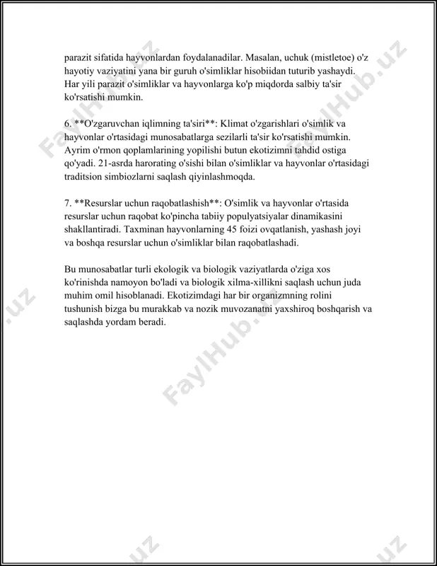 o'laroq ifodalanadi. quruqlikda o'simliklar birlamchi produsentlar hisoblanadi, ularni o'txo'r hayvonlar, keyin esa yirtqichlar iste'mol qiladi. 7. **numerik misollar**: bir kvadrat metr o'rmon ekotizimida taxminan 1000 gramm o'simlik biomassa (prodyuser) mavjud bo'lsa, bu taxminan 100 gramm o'txo'r hayvon biomassa (birlamchi konsumentlar) va bu navbatda taxminan 10 gramm ikkilamchi konsument (yirtqichlar) biomassa ni qo'llab-quvvatlaydi. 8. oziqlanish zanjirlari tarkibidagi turlar o'zaro bog'liq bo'lganligi sababli, bitta turning yo'qolishi yoki sonining o'zgarishi har bir bosqichga ta'sir qilishi mumkin, bu esa tarmoqning butun muvozanatini buzishi mumkin. oziqlanish zanjiri va tarmoqlari tabiiy ekotizimlarning murakkab strukturalarini tushunishning asosiy usullaridan biridir va uların ekologik monitoring uchun muhim rol o'ynaydi. bu zanjirlar va tarmoqlarning to'g'ri tushunilishi va saqlanishi, biosfera barqarorligiga ta'sir ko'rsatadi. 3. simbioz munosabatlar: mutualizm, kommensalizm, va parazitizm simbioz munosabatlar ekologiyada katta ahamiyatga ega bo‘lgan mavzudir. bu munosabatlar turli organizmlar o‘rtasida o‘zaro foydali yoki zararli ta’sirlardan tashkil topgan. ular uch asosiy turga bo‘linadi: mutualizm, kommensalizm va parazitizm. har bir …