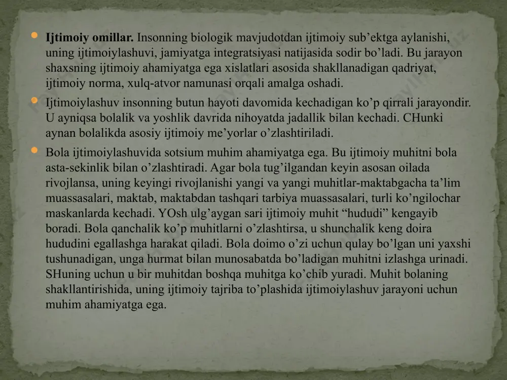 a bola ijtimoiylashuvining asosiy omillaridan biri ekanligini hamma tan oladi. tarbiyaning asosida ijtimoiy harakat bo’lishi, uni ijtimoiylashuvdan farqlaydi. ijtimoiylashuv tushunchasini fanga kiritgan maks veberg uni muammolarni yechishga qaratilgan harakat, inson xulq-atvorining taxminiy variantlarini sub’ektiv anglash sifatida ta’riflagan. umuman olganda, ijtimoiylashuv uzluksiz jarayondir, ya’ni inson doimo jamiyat bilan munosabatda bo’ladi. tarbiya esa diskret (uzlukli) jarayondir. chunki u muayyan tashkilotlarda amalga oshirilib, zamon va makonda cheklangan bo’ladi. quyida ijtimoiylashuvning nisbatan ijtimoiy nazorat qilinuvchi jarayonga xos bo’lgan umumiyligini aks etishga harakat qilingan tarbiyaning ta’rifi keltirilgan. biroq unda oilaviy, diniy, ijtimoiy tarbiyaning xususiyatlari inobatga olinmagan. a.v.mudrik quyidagi ta’rifni ilgari suradi: tarbiya-insonning jamiyatga ko’nikishiga ko’maklashuvchi va bu ko’nikish sodir etiladigan guruh va tashkilotlarning xususiyatlariga mos keluvchi sharoitlar yaratuvchi insonning ongli rivojlanishi. bu ta’rif to’liq to’g’ri hisoblanmaydi. bu faqat muallifning nuqtai nazarini aks ettiradi. ijtimoiy omillarni insonga ta’sir ko’rsatishining tarkibiy qismi bo’lgan tarbiya o’z xususiyatlariga ega. bu jarayon boshqalaridan farqli ravishda doimo bir maqsad sari yo’naltirilgan …