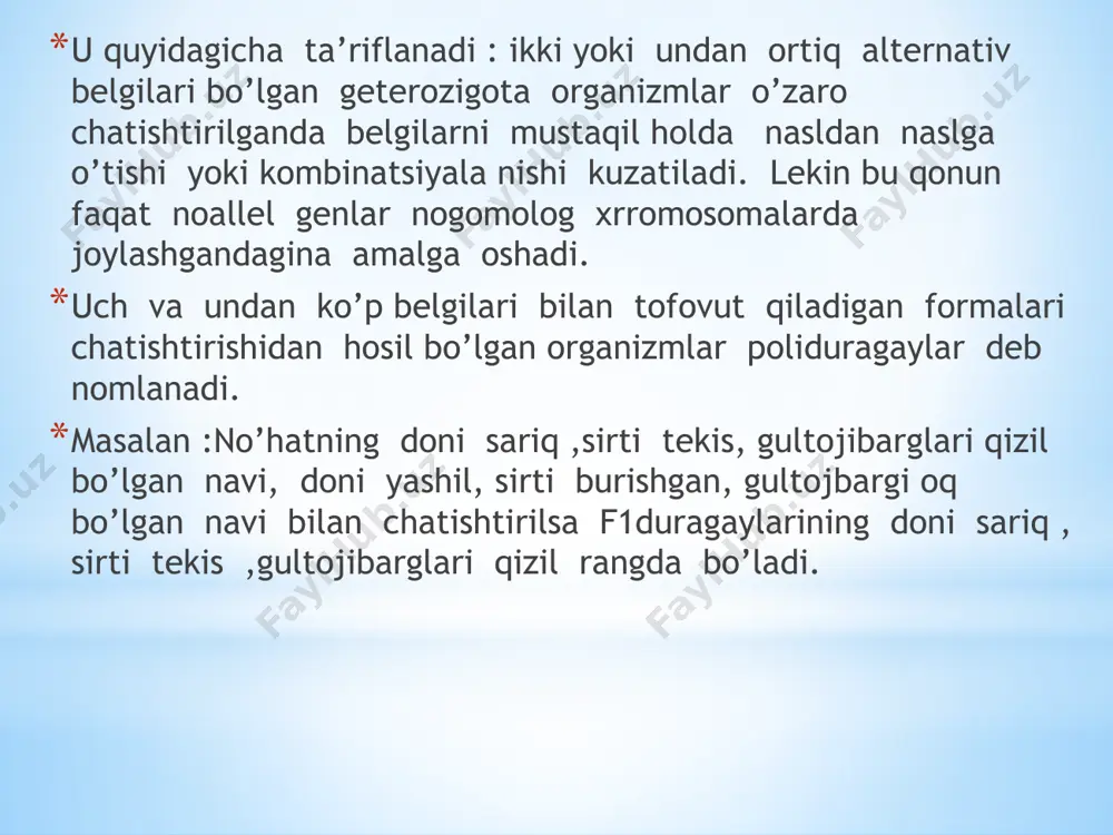 rda yungning uzun bo’lishi , tanasi qora rangda bo’lishi va quloqlarining osilganligi yungining kalta bo’lishi ,tanasi jigarrangda bo’lishi va quloqlarining tikka bo’lishiga nisbatan ustunlik qiladi . barcha belgisi bo’yicha getrozigota it , hamma belgilari bo’yicha gomozigota restsessiv it bilan chatishtirilgan bo’lsa olinadigan avloddagi itlarning necha % i tanasi qora rangda bo’ladi. javob a-yungi uzun ,b- tanasi qora, c- osilgan quloq a- yungi kalta, b-tanasi jigarrang, c-tikka quloq aabbcc - barcha belgisi bo’yicha geterozigota aabbcc- barcha belgisi bo’yicha retsessiv gomozigota fen: aabb cc x aa bb cc p gen: |||||| | | | gam: aabbcc a b c f1- da quyidagicha nasl olinadi abc abc aabbcc abc aabbcc abc aabbcc abc aabbcc abc aabbcc abc aabbcc abc aabbcc abc aabbcc masalada bizdan qora rangli kuchuklarni so’ralyapti? javob: 8- 100% 4- 50% 4ta kuchuk qora rangli bo’ldi. j: 50% e’tiboringiz uchun rahmat. image1.jpeg /docprops/thumbnail.jpeg
