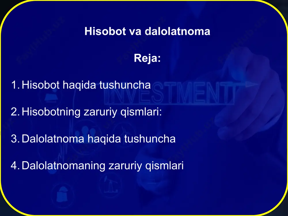lans). kompaniyalarning moliyaviy hisobot hisobot topshirishning majburiy shakli. unga quyidagilar kiradi: foyda va koʻrilgan zarar toʻgʻrisida hisobot; pul mablagʻlari harakati toʻgʻrisida hisobot va kompaniya rahbariyatining umumiy majlisda koʻrib chiqish va tasdiqlash uchun kom-paniya paychilari yoki aksiyadorlari eʼtiboriga havola etiladigan yillik dokladi. korxonalarning statistik hisoboti iqtisodiyotdagi ayrim boʻgʻinlarning ish koʻrsatkichlarini jamlash orqali tarmoqlar, mintaqalar va mamlakat iqtisodiy faoliyatining statistik koʻrsatkichlarini aniqlashga imkoniyat yaratadi. hisobotning zaruriy qismlari: muayan vaqt uchun rejalashtirilgan ish yoki vazifa , topshiriqlarning bajarilishi , amaliy dolzarb ishlar xizmat va ilmiy safarlar yakuni haqida ma’lumot beruvchi hujjat. hisobotda quyidagilarga etibor beriladi . nima mo’ljallangan yoki topshirilgan edi , u qanday bajarildi nimalarga etibor berildi ,qanday etishmovchiliklar bo’ldi ularni bartaraf etish uchun nimalar qilish kerak hisobot oxirida muayyan topshiriq bajarilmagan bo’l sa , uning sababi ,ko’rsatiladi , bu borada takliflar qayd etiladi . 1. sarlavhasi :hisobot qaysi davr uchun , qanday bo’lim yoki shaxs tomonidan berilyapti. 2.hujjatlarning nomi.(hisobot ) 3. …