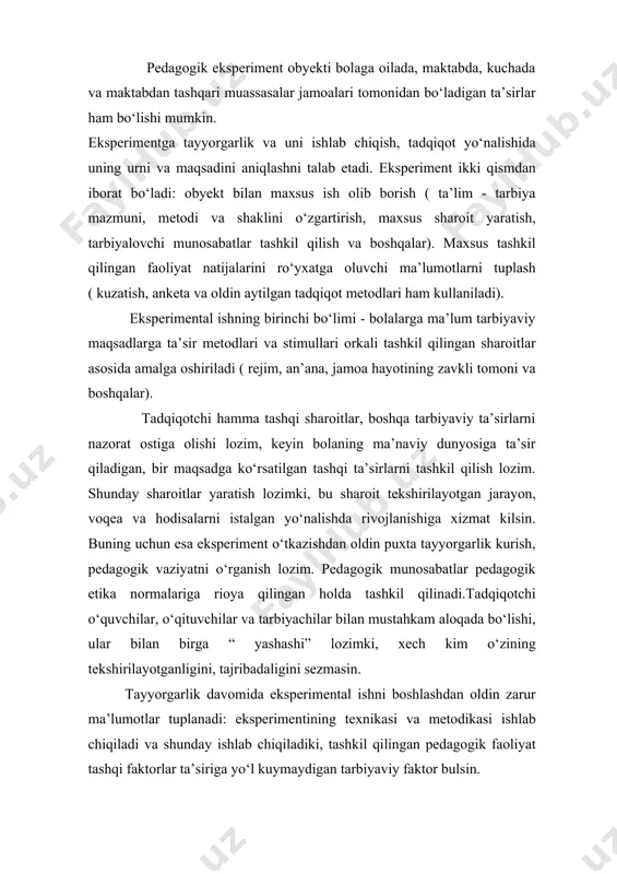 mentning mazmuni hozirgi zamon fanining tayanch g‘oyalari va shu bilan bir vaktda tadqiqot faraziga asoslanadi. sh.i.ganelin farazni tadqiqotning o‘zagi va yuragi deb atagan edi. unda tadqiqotning nazariy asosi taxminiy bayon etiladi. faraz faktlarni tuplash va olingan materiallarni analiz qilishga ma’lum yo‘nalish beradi. faraz tadqiqotning borishi va natijasini oldindan biladi va undan muammoni yechilish loyixasi belgilanadi. faraz tekshirilmagan g‘oya bo‘lganligi sababli ham unga ma’lum tavakkal bo‘ladi va ba’zi xatolir, muvaffaqiyatsizliklar ham bo‘lishi mumkin. xato va muvaffaqiyat-sizliklarni turli yo‘llar bilan kamaytirish mumkin: birinchidan, fanning eng kiyingi yutuqlariga asoslanish lozim. eksperiment ishimizda fanning yangi qonun qoidalari yetakchilik rolini o‘ynashi lozim. bu fanning yetakchi g‘oyalarini chukurlashtirsh va aniqlashtirishga yordam beradi, shuningdek, muhimi eksperimentni muvaffaqiyatli o‘tkazishni ta’minlaydi. o‘quv - tarbiyaviy jarayon kanchalik ilmiy tashkil qilingan bo‘lsa, u shunchalik samarali bo‘ladi va eksperimental ishlarni shunchalik, kurkmasdan dadillik bilan o‘tkazish mumkin bo‘ladi. fanda yangini izlash hozirgi zamon pedagogika va psihologiya fani yutuqlariga tayangan holdagina mumkin bo‘ladi. esperimentda …