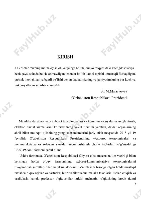va h.k.) uchun turli tex- nik xarakteristikalarga ega bo’lgan axborot qurilmalari kerak bo’ladi. hozirgi kunda ta’lim sohasida o’qitishni kompyuterlashtirishga katta e`tibor berilmoqda, chunki zamonaviy o’qitish texnologiyalaridan foydalanish juda katta ijobiy natijalar, yutuqlar,malakali kadrlarni ko`payishiga imkon beradi, (axborotlashtirish) yoki axborot texnologiyalaridan foydalanishdasturiga quyidagilarni kiritish mumkin: ta’lim tizimining barcha pog’onalarida axborotlashtirishni yetakchi bo’g’inligini ta’minlash; barcha sohalar bo’yicha bilim berishda axborotlashtirishni rivojlantirishni loyihalash va yaratish (monitoring); axborotlashtirish sohalarida me’yoriy bazalarni yaratish (ilmiy-metodik birlashmalar va h.k.); texnik ta’minot – kompyuterlar, axborot texnologiyasining boshqa qurilmalari, ularga xizmat ko’rsatish uchun kerakli materiallarni yaratish; telekommunikatsiya tarmoqlari; ta’minot resurslari (dasturiy ta’minot, internetdagi axborotlar majmui, ma’lumotnomalar va h. k.). axborot texnologiyasidan foydalanish va uni biror-bir sohaga tatbiq etish o’z ichiga qator vazifalarni oladi. quyida axborotlashgan faoliyat ob’ektlari haqida so’z yuritamiz. bunday ob’ektlarga sonlar (o’lchash va modellashtirish natijalari), matnlar, tasviriy axborotning statistik va dinamik ifodalari, rasmlar, chizmalar va animatsiyalar, ovozli obrazlar (yozilgan ovoz, musiqa) va boshqalar kiradi. foydalanuvchining mustaqil va …