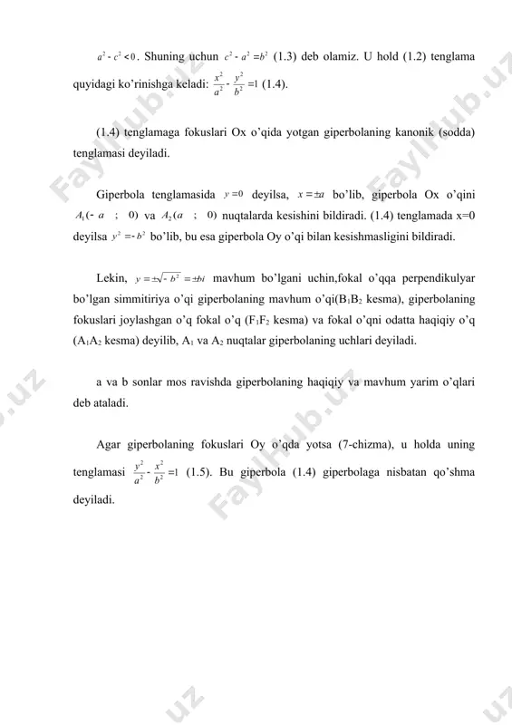 ng. y e c h i s h. agar giperbola asimptotalari o’zaro 150 o li burchak tashkil etsa, ularda bittasi bilan o’qning musbat yo’nalishi orasidagi burchak 30o bo’ladi. shuning uchun: . va larning qiymatlarini aniqlaymiz. masala shartiga asosan: . bundan: demak, izlanayotgan giperbola tenglamasi: 4 – §. giperbolaning ekssentrisiteti, direktrisalari va fokal radiuslari. t a’ r i f. giperbolaning ekssentrisiteti deb, fokuslar orasidagi (2c) masofaning haqiqiy o’qi (2a) nisbatiga aytiladi va quyidagicha belgilanadi: (4.1). bo’lgani uchun bo’ladi. ekssentrisitet giperbolaning shaklini xarakterlaydi. haqiqatan (1.3) formuladan quyidagi kelib chiqadi: (4.2). bundan ekssentrisiteti qanchalik kichik bo’lsa, giperbolaning yarim o’qlari nisbati shunchalik kichik bo’lishi ko’rinadi. biroq nisbat giperbola asosiy to’g’ri to’rtburchagi cdef (6-chizma) ning shaklini, demak, giperbolaning o’zining shaklini aniqlaydi. giperbolaning ekssentrisiteti qanchalik kichik bo’lsa, uning asosiy to’g’ri to’rtburchagi fokal o’q yo’nalishi bo’yicha shunchalik tortilgan bo’ladi. t a’ r i f. giperbolaning direktrisalari deb, uning simmetriya markazidan masofada haqiqiy o’qiga perpendikulyar bo’lib o’tadigan va …