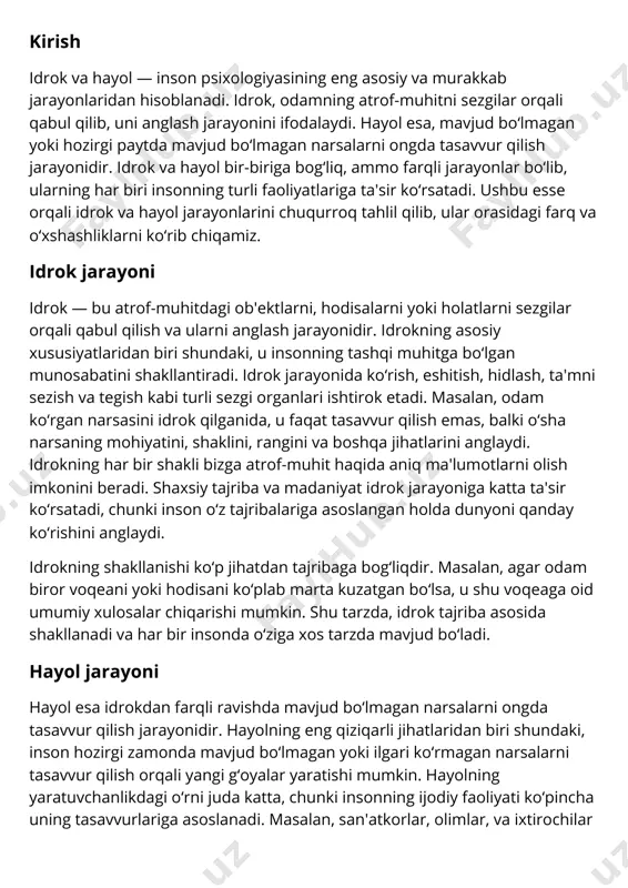 of-muhit haqida aniq ma'lumotlarni olish imkonini beradi. shaxsiy tajriba va madaniyat idrok jarayoniga katta ta'sir ko‘rsatadi, chunki inson o‘z tajribalariga asoslangan holda dunyoni qanday ko‘rishini anglaydi. idrokning shakllanishi ko‘p jihatdan tajribaga bog‘liqdir. masalan, agar odam biror voqeani yoki hodisani ko‘plab marta kuzatgan bo‘lsa, u shu voqeaga oid umumiy xulosalar chiqarishi mumkin. shu tarzda, idrok tajriba asosida shakllanadi va har bir insonda o‘ziga xos tarzda mavjud bo‘ladi. hayol jarayoni hayol esa idrokdan farqli ravishda mavjud bo‘lmagan narsalarni ongda tasavvur qilish jarayonidir. hayolning eng qiziqarli jihatlaridan biri shundaki, inson hozirgi zamonda mavjud bo‘lmagan yoki ilgari ko‘rmagan narsalarni tasavvur qilish orqali yangi g‘oyalar yaratishi mumkin. hayolning yaratuvchanlikdagi o‘rni juda katta, chunki insonning ijodiy faoliyati ko‘pincha uning tasavvurlariga asoslanadi. masalan, san'atkorlar, olimlar, va ixtirochilar 1. 2. 3. ko‘pincha hayol orqali yangi texnologiyalar, san'at asarlari yoki ilmiy g‘oyalarni yaratadilar. hayolning asosiy vazifalaridan biri — yangi narsalarni, g‘oyalarni yoki imkoniyatlarni tasavvur qilishdir. bunday tasavvurlar shaxsning amaliy …