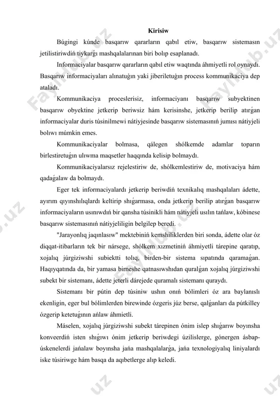wshi subekt tárepinen ónim islep shıǵarıw boyınsha konveerdiń isten shıǵıwı ónim jetkerip beriwdegi úzilislerge, gónergen ásbap-úskenelerdi jańalaw boyınsha jańa mashqalalarǵa, jańa texnologiyalıq liniyalardı iske túsiriwge hám basqa da aqıbetlerge alıp keledi. 1. xojalıq júrgiziwshi subektlerdi basqarıwdıń payda boliwi, áhmiyeti hám rawajlanıwı. ekonomikalıq rawajlanıwdıń házirgi basqıshında xojalıq júrgiziwshi subektler jumısınıń nátiyjeliligin basqarıwdıń hár bir buwınında jolǵa qoyılǵan basqarıw esabı sistemasısız kóz aldımızǵa keltiriw qıyın. basqarıw yesapları sisteması xojalıq júrgiziwshi subyekt menedjerlerine beriletuǵın barlıq yesap maǵluwmatları hám basqıshlardı óz ishine aladı. basqarıw esabı nátiyjeli basqarıw qararların qabıl etiwde qárejetlerdi rejelestiriw, qáliplestiriw hám qadaǵalaw procesi menen úzliksiz baylanıslı. xojalıq júrgiziwshi subyektlerdiń ishki basqarıw sistemasında basqarıwshılardıń informaciyaǵa bolǵan talabın basqarıw esabı sisteması támiyinleydi. rawajlanǵan mámleketlerde firma hám kompaniyalar buxgalteriya yesap tarawındaǵı jumıs waqtı hám resurslarınıń 90 procentin basqarıw yesaptı jolǵa qoyıw hám júrgiziwge, qalǵan 10 procentin bolsa finans yesapqa sarplaydı. kúshli báseki ortalıǵında xojalıq júrgiziwshi subektler jumıs alıp barıp atırǵan tarmaqtıń ózine tán ózgesheligi …