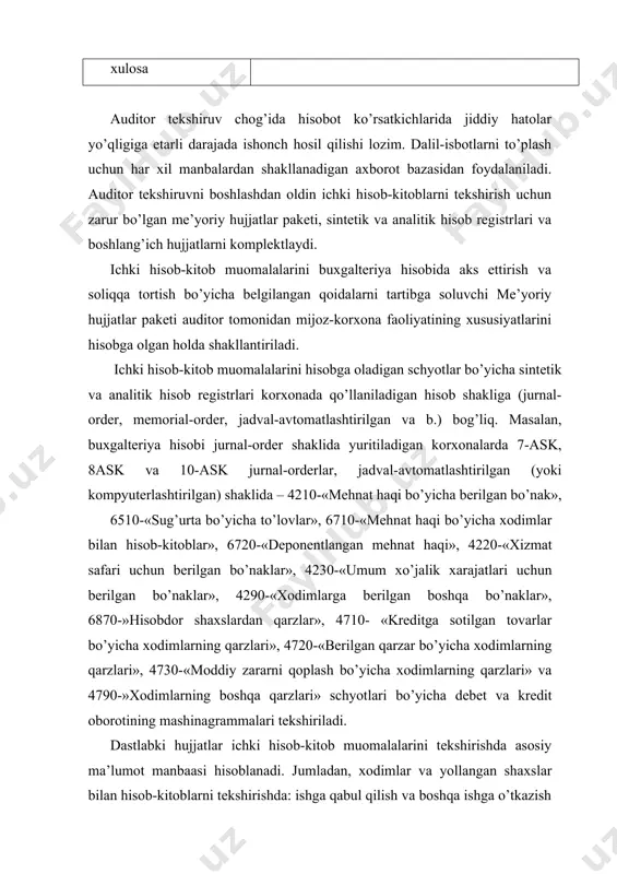 vedomosti» (f. 4-isj), «ro’yxatga olinganlik to’g’risidagi ma’lumotlari», «sug’urta qildiruvchiga xabarnoma», «ijtimoy sug’urta jamg’armasiga o’tkazilgan badallar hisobidan pensiya va nafaqalarni to’lash bo’yicha vedomost»; -hisobdor shaxslar bilan hisob-kitoblarni tekshirishda: bo’nak (avans) hisoboti; xizmat safari guvohnomasi; xizmat safariga boruvchi va keluvchi xodimlarni ro’yxatga olish daftari; 4220-«xizmat safari uchun berilgan bo’naklar», 4230-«umumxo’jalik xarajatlari uchun berilgan bo’naklar» va 6970 – «hisobdor shaxslardan qarzlar» schyotlari bo’yicha inventarizatsiya ro’yxatlari; -xodimlar bilan boshqa muomalalar bo’yicha hisob-kitoblarni tekshirishda: kreditga sotilgan tovarlar uchun topshiriqnoma-majburiyat; qarz shartnomasi; moddiy zararni qoplash to’g’risidagi buyruq (farmoyish); sud qarori; ijro varaqalari; to’lov topshiriqlari; kassa kirim orderlari. dastlabki hujjatlarni tekshirishda auditor dastlabki hujjatlarning belgilangan tartibda tasdiqlangan namunaviy shakllaridan foydalanilganligini ham aniqlashi zarur. ichki hisob-kitob muomalalarini auditorlik tekshiruvidan o’tkazish ushbu muomalalarni hisobga olish va ichki nazoratning ahvolini oldindan baholashni nazarda tutadi. bunda xodimlarni ishga yollash va ishdan bo’shatishda qonunchilikka rioya qilinishini, ro’yxatdagi hisob va nazorat xodimlariga xizmat vazifalarini, ish vaqtini va bajariladigan ishlarni taqsimlash holati; mehnatga haq …