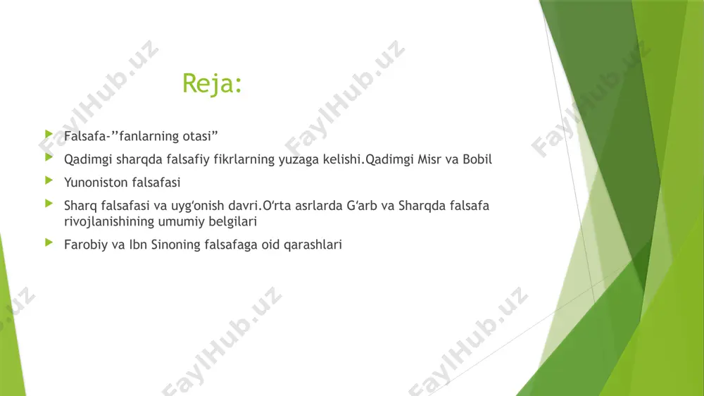 osida odam taqdirini belgilash g‘oyasi (astrofalsafa va astrologiya). tabiat hodisalari ilohlar bilan bog‘langan: har bir hodisa orqasida ma’lum bir iloh turgan deb ishonilgan. adolat, jinoyat va jazoga oid “hamurappi qonunlari” – qadimgi huquqiy-falsafiy tafakkurni aks ettiradi. yunoniston falsafasi – bu inson tafakkurining shakllanishida muhim rol o‘ynagan, ilm-fan, axloq, siyosat va estetikaga asos bo‘lgan qadimiy falsafiy maktabdir. u miloddan avvalgi vii asrdan boshlab rivojlangan va keyinchalik yevropa falsafasiga kuchli ta’sir ko‘rsatgan. yunon falsafasining ahamiyati: ilm-fan, siyosat, etika va mantiqning asoslarini shakllantirgan. o‘rta asr falsafasi va keyinchalik yevropa uyg‘onish davriga kuchli ta’sir ko‘rsatgan. hozirgi zamonaviy falsafiy va ilmiy qarashlarning ildizi aynan yunonistonda yotadi. yunon falsafasining asosiy xususiyatlari: ilk bor falsafa mustaqil fan sifatida shakllangan. tabii hodisalar, borliq, ruh, bilim, axloq va siyosat masalalari o‘rganilgan. mantiqiy fikrlash va savol-javob usuli rivojlangan. diniy tushunchalardan chiqib, aqliy (ratsional) tafakkur ustuvor bo‘lgan. mashhur yunon faylasuflari: fales – hamma narsaning asosi suv sokrat – axloqiy tafakkurning asoschisi …