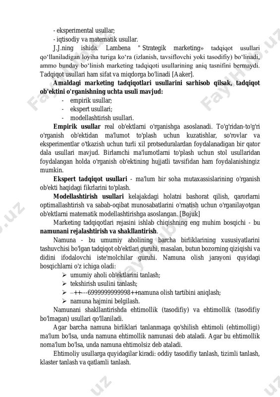 ushbu muammolarni hal qilish uchun zarur bo'lgan ma'lumotlarni olish imkonini beradi. bundan kelib chiqqan holda, marketing tadqiqotining maqsadlari quyidagi xususiyatga ega bo'lishi mumkin: 1. izlanish - muammolarni aniqroq aniqlash va gipotezalarni tekshirish uchun mo'ljallangan dastlabki ma'lumotlarni to'plashga qaratilgan. 2. tavsiviy (tavsiflovchi) - real marketing vaziyatining ayrim tomonlarini oddiy tavsiflashdan iborat. 3. tasodifiy - aniqlangan sabab-natija munosabatlarining mazmunini belgilovchi farazlarni asoslashga qaratilgan. marketing tadqiqoti usullarini tanlash marketing tadqiqotlari rejasini ishlab chiqishning dastlabki bosqichi hisoblanadi. avval siz to'plash va tahlil qilishda qo'llanilishi mumkin bo'lgan individual usullar bilan tanishishingiz kerak marketing ma'lumotlari. keyinchalik, resurs imkoniyatlarini hisobga olgan holda, ushbu usullarning eng mos keladigan to'plami tanlanadi. e.p. golubkov marketing tadqiqoti usullarining quyidagi sinflarini aniqlaydi: - hujjatlarni tahlil qilish usullari; - iste'molchilarni o'rganish usullari; - ekspert baholash usullari; https://flarione.ru/uz/lending/organizacionnye-izmeneniya-uslovii-truda-izmenenie-sushchestvennyh-uslovii/ https://flarione.ru/uz/coins-and-banknotes/chto-nuzhno-dlya-otkrytiya-priema-metalloloma-kak-na-prostom/ https://flarione.ru/uz/coins-and-banknotes/chto-nuzhno-dlya-otkrytiya-priema-metalloloma-kak-na-prostom/ https://flarione.ru/uz/coins-and-banknotes/telman-ismailov-na-dannyi-moment-prozhivaet-v-chernogorii-korol/ https://flarione.ru/uz/biography/metodologiya-sbora-dannyh-opredelenie-metodov-sbora-marketingovyh/ https://flarione.ru/uz/biography/metodologiya-sbora-dannyh-opredelenie-metodov-sbora-marketingovyh/ - eksperimental usullar; - iqtisodiy va matematik usullar. j.j.ning ishida. lambena " strategik marketing» tadqiqot usullari qo‘llaniladigan loyiha turiga ko‘ra (izlanish, …