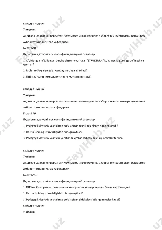 deb nimaga aytiladi? 3. pedagogik dasturiy vositalarga qo‘yiladigan didaktik talablarga nimalar kiradi? кафедра мудири укитувчи андижон давлат университети компьютер инжиниринг ва ахборот технологиялари факультети ахборот технологиялар кафедераси билет №11 педагогик дастурий воситала фанидан якуний саволлар 1. o‘qituvchi ishtirokidagi virtual o‘quv muhitini shakllantiruvchi dasturlar qanday dasturlar hisoblanadi? 2. multimedia vositalari asosida o‘qitishning afzalliklari? 3. pedagogik dasturiy vositalarga qo‘yiladigan metodik talablarga nimalar kiradi? кафедра мудири укитувчи андижон давлат университети компьютер инжиниринг ва ахборот технологиялари факультети ахборот технологиялар кафедераси билет №12 педагогик дастурий воситала фанидан якуний саволлар 1. o’qitishga mo’ljallangan barcha dasturiy vositalar “bayon formasi” bo’yicha necha guruhga bo’linadi va qaysilar? 2. taqdimot/prezentatsiyalar deb nimaga aytiladi? 3. pedagogik dasturiy vositalarga qo‘yiladigan didaktik talablarga nimalar kiradi? кафедра мудири укитувчи андижон давлат университети компьютер инжиниринг ва ахборот технологиялари факультети ахборот технологиялар кафедераси билет №13 педагогик дастурий воситала фанидан якуний саволлар 1. animatsion roliklar deb nimaga aytiladi? 2. pedagogik dasturiy vositalarning gipermatn hujjatlarini ishlab chiqishda qanday …