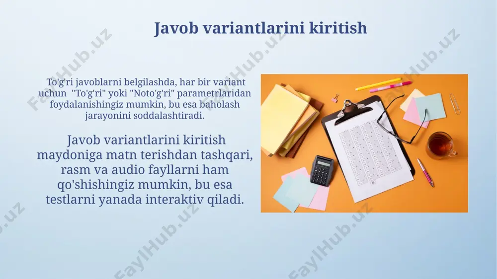 am beradi. dastur foydalanuvchiga html formatida eksport qilish imkoniyatini taqdim etadi, natijada yaratilgan testlar yoki krossvordlarni internetda yoki mahalliy tarmoqda osongina joylashtirish mumkin bo'ladi. crosswords yaratish bosqichlari har bir to'g'ri javob uchun 1 ball berish, noto'g'ri javoblar uchun esa 0 ball berish kabi ballar sistemasini yaratish va krossvordni yakunlash uchun zarur bo'lgan minimal to'g'ri javoblar sonini (masalan, 70%) belgilash mumkin. krossvordning murakkablik darajasini 5 dan 10 gacha bo'lgan qiyinchilik ballari bilan belgilash mumkin, bu esa foydalanuvchining bilim darajasiga moslashish imkonini beradi, shuningdek, jumboqning hajmini (katta/kichik) ham tanlash mumkin. test va crosswordsni ko'rish hot potatoes dasturi yordamida 5 xil test turidan (masalan, to'ldirish, to'g'ri/noto'g'ri, ko'p tanlovli va boshqalar) va 100 ta so'zdan iborat krossvordlar yaratish mumkin. yaratilgan test va krossvordlarni html formatida saqlash va internet orqali osongina ulashish imkoniyati mavjud bo'lib, natijalarni avtomatik ravishda baholash funksiyasi ham qo'shilgan. to'g'ri javoblarni belgilash jumbled sentences mashq turi uchun so'zlarni to'g'ri tartibda joylashtirishda, har …