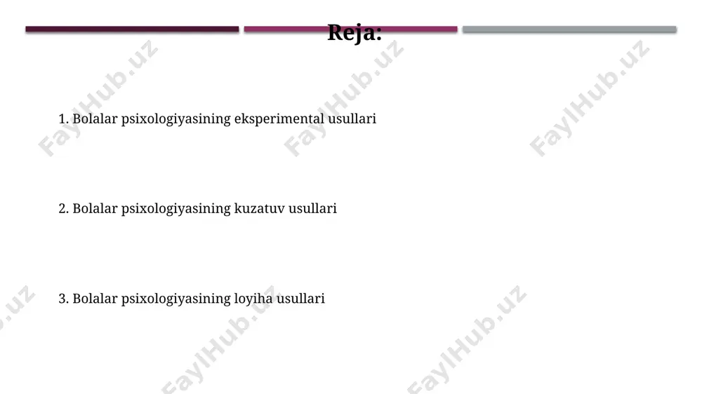 r 1990-yillardan beri, germaniyada o‘tkazilgan bir qator eksperimentlar bolalarning xotira qobiliyatini turli yosh guruhlarida (3-7 yosh) solishtirish orqali kognitiv rivojlanishning xususiyatlarini aniqladi. qo‘shma shtatlardagi tadqiqotlar natijalariga ko‘ra, 200 dan ortiq bola ishtirok etgan eksperimentda, vizual stimullar yordamida diqqatni jamlash qobiliyatini o‘lchash usullari samaradorligini 85% ga oshirdi. holat o'rganish o'zbekistondagi 5 yoshli bolalar ustida o'tkazilgan 2022-yilgi tadqiqotlar shuni ko'rsatdiki, "holat o'rganish" usuli bilan 70% ga yaqin bolalarda ijtimoiy moslashuv ko'nikmalari yaxshilandi. psixologik testlar natijalariga ko'ra, toshkent shahridagi 100 nafar bolaga qo'llanilgan "holat o'rganish" metodikasi, qo'rqinch va xavotirlarni 25% ga kamaytirishga yordam berdi. arxive materiallarni tahlil qilish ўзбекистон миллий архивидаги 1980-йиллардаги 300 дан зиёд психолог маслаҳатларининг ёзма хулосаларини таҳлил қилиб, ўша даврдаги оилавий муносабатлар ва болалар тарбиясига оид муаммоларни аниқлаш мумкин. россия федерациясининг санкт-петербург шаҳридаги архивларда сақланаётган 20-аср бошидаги 100 дан ортиқ болалар психологиясига оид маъруза матнларини таҳлил қилиш, ўша даврдаги таълим услублари ва ёндашувлари ҳақида маълумот беради. e'tiboringiz uchun rahmat @taqdimot_robot …