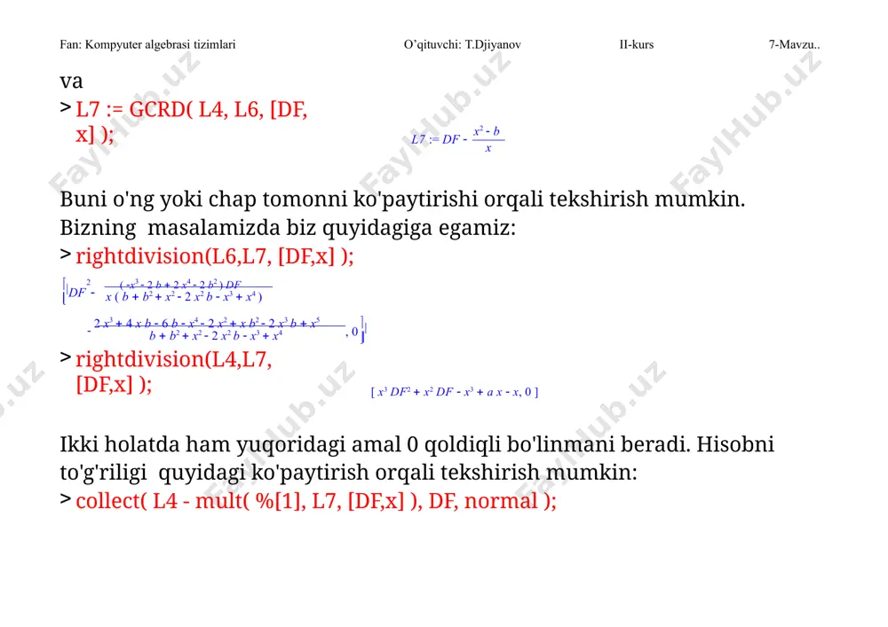 mumiy yechimini topish. ii-kurs 7-mavzu.. fan: kompyuter algebrasi tizimlari o’qituvchi: t.djiyanov restart; de:=diff(y(x),x$2)+k^2*y(x)=sin(q*x); 2 k y( x)  sin(qx) 2     de:= y( x)    x  2 dsolve(deq,y(x));    _ c1sin(kx )  _ c2cos(kx ) k   cos(kx ) 2 k  q 2 k  q  1 sin((k  q)x) 1 sin((k  q)x)   1 cos(( k  q)x) 1 cos(( k  q)x)    sin(kx ) 2 k  q 2 k  q y( x)     k endi yechimni rezonans holatda izlaymiz. buning uchun esa dsolve komandani chaqirishdan oldin q=k deb olish kerak. q:=k: dsolve(de,y(x)); 2 2 k 2 k 2 1 cos(kx )2 sin(kx ) 2 _ c1sin(kx )  _ c2cos(kx )  1 cos(kx ) sin(kx )  1 kx cos(kx )     …