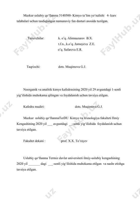 myoviy laboratoriyada ishlashda amal qilinishi lozim bo‘lgan asosiy qoidalar: 1. ishning asosiy maqsadi aniq bo‘lmasdan, tajribani o‘tkazish uchun lozim bo‘lgan idishlar, asbob-uskunalar, reaktivlar tayyor bo‘lmasdan tajribani boshlamaslik; 2. tajribani o‘tkazishda ko‘rsatilgan tartib va ketma-ketlikni aniq bajarish; 3. ayni tajriba uchun ko‘rsatilgan barcha xavfsizlik qoidalariga rioya qilish; 4. ayni laboratoriya ishlari uchun tayyorlangan reaktivlardangina foydalanish. umumiy qo‘llanadigan reaktivlarni, konsentrlangan kislota va ishqorlarni ish joylariga olib ketmaslik; 5. reaktivlarni ishlatishdan oldin uni ayni tajriba uchun ishlatish mumkinligini idishdagi yozuvga qarab aniqlash; agar idishda yozuv bo‘lmasa o‘qitivchining ruhsatisiz ishlatmaslik. 6. ayni tajriba uchun reaktiv miqdorini ko‘rsatilmagan bo‘lsa undan imkoniyati boricha kamroq ishlatish; 7. ortiqcha olingan reaktivni qaytarib o‘z idishiga quymaslik va uning uchun ajratilgan mahsus idishga quyish; 8. reaktiv olingan zahotiyoq uning idishini qopqog‘ini yopib, o‘z o‘rniga qo‘yish; 9. quruq reaktivlarni farfor, metall yoki shisha qoshiqchalarda olish va ishlatilgandan so‘ng qoshiqchalarni filtr qog‘oz bilan tozalab qo‘yish; 10. agar reaktiv pipetka yordamida olingan bo‘lsa, …