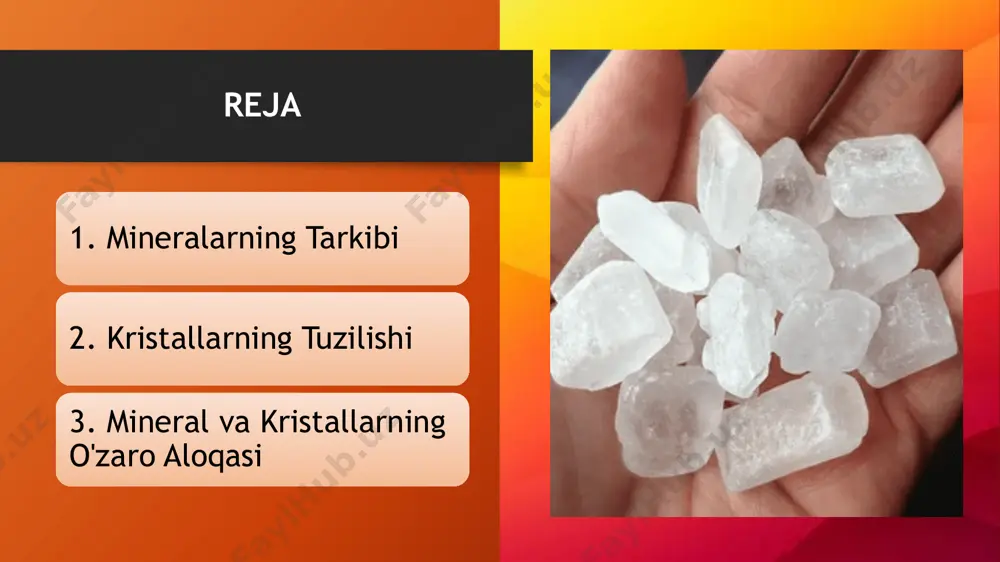 barqarorligi va chidamliligini belgilaydi. geologik tahlil: mineralarning kristall panjarasi va ularning hosil bo‘lish sharoitlari geologik jarayonlarni tahlil qilishda muhim manba hisoblanadi. rentgen diffraktsiyasi, elektron mikroskopiya va boshqa usullar orqali o‘rganish mineralarning kelib chiqishi va evolyutsiyasini aniqlashga yordam beradi. qo‘llanilish so‘halari: ushbu bilimlar nafaqat ilmiy tadqiqotlarda, balki sanoat, qurilish, elektronika va farmatsevtika kabi sohalarda mineralarning optimal ishlatilishini ta’minlashda qo‘llaniladi. xulosa mazkur taqdimot mineralarning kimyoviy tarkibi va kristallarning tuzilishi masalalarini chuqur tahlil qiladi. taqdimotda mineralarning tabiati, ularning aniq kimyoviy formulalari va kristall strukturalari, shuningdek, bu xususiyatlarning mineralarning fizikaviy va mexanik xususiyatlariga qanday ta’sir qilishi yoritilgan. foydalanilgan adabiyotlar klein, c. (2010). “mineralogiya: tushunchalar va qo‘llanmalar”. wiley. nesse, w. d. (2000). “mineralogiyaga kirish”. oxford university press. deer, w. a., howie, r. a. va zussman, j. (1992). “tog‘-shakllovchi minerallarga kirish”. longman. west, a. (1998). “minerallar: ularning tarkibi va kelib chiqishi”. university press. e’tiboringiz uchun rahmat image3.png image2.png image4.jpg image5.png image6.png image7.png image1.png image8.png image9.png image10.png …