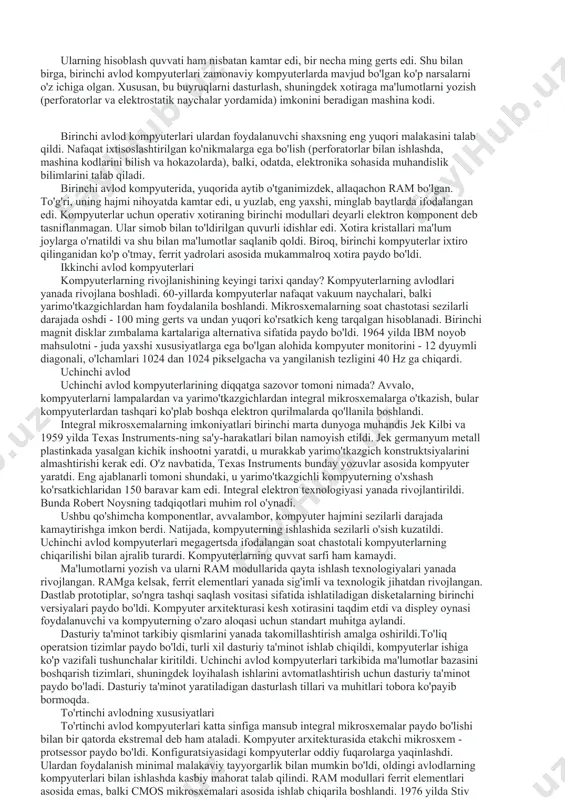 i hisoblab chiqdi. katta sinov bo'linmasidan boshlab, 262,144 bo'linishni takroriy ayirish yo'li bilan amalga oshirdi, so'ngra qoldiq nolga tengligini tekshirdi. agar yo'q bo'lsa, u sinov bo'linuvchisini bittaga qisqartirdi va jarayonni takrorladi. google manchester baby-ga "dasturiy ta'minot tug'ilishi" sifatida nishonlab, unga hurmat ko'rsatdi. 50-yillarning oxiri va 60-yillarning boshlarida bu kabi kompyuter tillarini rivojlantirish mashhur yangilik bo'ldi fortran, cobol va asosiy. ushbu tillar dasturlarni kompyuterning apparat arxitekturasining aniq detallaridan mustaqil ravishda abstrakt tarzda belgilashga imkon berdi. tillar birinchi navbatda faqat raqamli hisob-kitoblarni ko'rsatish uchun mo'ljallangan edi. cobol birinchi marta qachon paydo bo'lgan meri k. xeyus majlis chaqirdi (shu jumladan greys hopper) 1959 yilda korxonalar o'rtasida taqsimlanadigan kompyuter tilini qanday yaratishni muhokama qilish. hopper-ning cobol-ga kiritgan yangiliklari dasturlashni yozishning yangi ramziy usulini ishlab chiqdi. uning dasturlari o'z-o'zini hujjatlashtirgan. betti xolberton tilga kiritilgan tilni tahrirlashda yordam berdi davlat bosmaxonasi 1960 yilda. formac tomonidan ishlab chiqilgan jan e. sammet 1960-yillarda. uning kitobi, dasturlash tillari: tarixi …