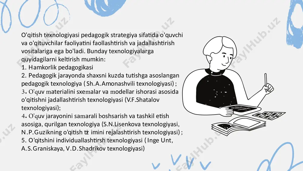 lar bir qancha usul va metodik yechimlarni oz ichiga oladi: 1. nazariyani sinfda o'rganish: taxtada oddiy tushuntirish (bo'r, kurgazmali qurol, tv bilan); buyalgan plakat - tayanch konspekt bo'yicha qayta tushuntirish; plakat bo'yicha qisqacha bayon qilish; o'quvchilarning o'z konspektlari ustida individual ishlashlari, konspekt bloklari bo'yicha keng mustahkamlash. 2. uydagi mustakil ishlar: tayanch konspektk darslik ota-onalar yordami. o'quvchilarga uqtirish: konspektdan foydalangan holda o'qituvchining tushuntirganlarini esla, berilgan materialni kitobdan o'qi; o'qiganlaringni konspekt bilan qiyosla; konspekt yordamida darslik materiallarini so'zlab ber (kodlashtirish-dekodlashtirish); konspektni so'zlab berish uchun tayanch sifatida yodda saqla; konspektni qayta ishlab chiqqish va namunaga qiyosla. 3. birinchi takrorlash -konspektni uzlashtirishni har tomonlama keng nazorat qilish: barcha o'quvchilar konspektni xotirasida qayta ishlab chiqadilar, o'qituvchi ularni peshma-pesh tekshirib boradi; bir vaqtning o'zida "asta" va magnitafon orqali so'rab boradi; yozma ishdan so'ng og'zaki so'rash boshlanadi. 4. tayanch konspektni og'zaki so'zlab olish -o'zlashtirishdagi tashqi nutq (og'zaki) faoliyatining eng muhim bosqichi, u turli savol-javoblar jarayonida yuz beradi. …