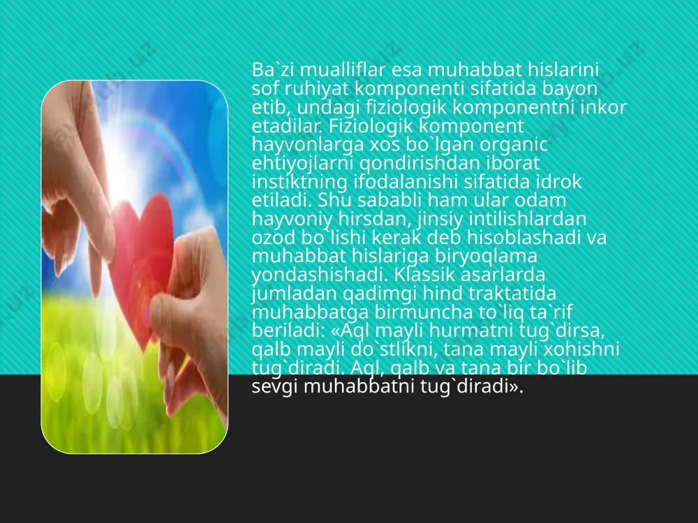 ing oila qurish imkoniyatlari ancha kamayib boradi. unda bo`lg`usi kuyovga (yigitga) nisbatan talabchanlik oshib, tanqidiy qarash kuchayadi. endi unda hislarga berilish kamayib, uning o`rniga bo`lg`usi yoriga butunlay boshqacha qaray boshlaydi. muhabbat bosqichlari to`laqonli sevgi — muhabbatni his etgan har bir inson muhabbatning boshlang`ich, alangalangan va o`zaro hurmat bosqichlarini bosib o`tadi. boshlang`ich bosqich haqiqiy, istiqboli porloq, bir umrlik sof muhabbatning boshlanishi yoki aksincha shunchaki bir havas bo`lishi yoki umri qisqa sevgining biror-bir ko`rinishi bo`lishi mumkin. mazkur bosqich muhabbatning «agape» turining boshlanishi yoki «lyudus» turining o`zginasi bo`lishi mumkin. bu albatta, sevib qolgan odamning dunyoqarashiga, uning o`ziga xos xususiyatlariga, ya`ni tez sevib qolishiga, hissiyotni paydo qilgan omillarga, ya`ni o`z shaxsini tasdiqlash, o`zgalardan qolishmaslik, bo`sh vaqtini xursandchilik bilan o`tkazish, oila, ota-onalar iskanjasi yoxud nazoratidan ozod bo`lish, erkinlikni qo`lga olish, oila qurish, haqiqiy umr yo`ldoshini uchratib, bir umr unga g`amxo`rlik qilish, unga hayotini bag`ishlashi va hokazolarga bog`liq. birinchi bosqichning o`sib ikkinchi va uchinchi bosqichlarga o`tishi …