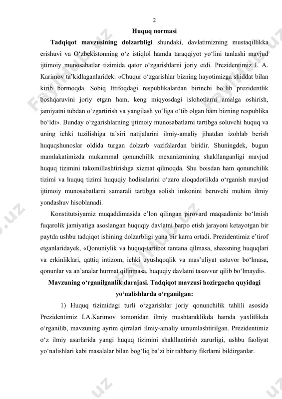 dentimiz i.a.karimov tomonidan ilmiy mushtaraklikda hamda yaxlitlikda o‘rganilib, mavzuning ayrim qirralari ilmiy-amaliy umumlashtirilgan. prezidentimiz o‘z ilmiy asarlarida yangi huquq tizimini shakllantirish zarurligi, ushbu faoliyat yo‘nalishlari kabi masalalar bilan bog‘liq ba’zi bir rahbariy fikrlarni bildirganlar. 2) ikkinchi yo‘nalishni o‘quv qo‘llanmalari, darsliklar, ilmiy tplamlar tashkil etadi. mamlakatimizning taniqli huquqshunoslari sh.z.o‘razayev, m.m.fayziyev, a.x.saidov, z.m.islomov, h.t.odilqoriyev, u.tojixonov kabilar huquq tizimining mazmuni, uning tarkibiy tuzilishi, davlatimizning asosiy huquq sohalari haqidagi o‘z qimmatli fikrlarini berib o‘tganlar. mdh ichida esa ushbu mavzuni tadqiq etishda s.s.alekseyev, v.s.nersesyans, a.s.vengerov, a.v.malko, a.i.bobo‘lev, m.i.baytin, d.ye.petrov va boshqa huquqshunos olimlar sezilarli ilmiy ishlarni amalga oshirganlar. shunday bo‘lsa-da, huquq tizimining boshqa huquqiy hodisa va tushunchalar bilan o‘zaro nisbati, huquq instituti va huquq sohasining umumiy masalalari yetarlicha o‘rganilmagan. 3) uchinchi yo‘nalish tarkibini ilmiy maqolalar hamda ma’ruzalar bilan bog‘lash to‘g‘ri bo‘ladi. zero, ularda ushbu mavzuning ayrim qirralari uzluksiz ravishda keng ilmiy jamoatchilik tomonidan yoritib kelinmoqda. biroq ushbu mavzu bo‘yicha yaratilayogan ilmiy materiallar mavjudligiga qaramay, ularni …