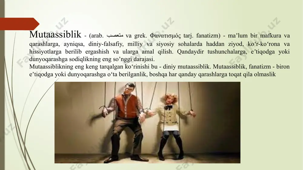 i mumkin. bu jarayonning eng xatarli jihati dinni siyosiylashtirish vositasida hokimiyatga intilish, dindan odamlar orasiga nifoq solish, qo‘poruvchilik ishlarini amalga oshirish va g‘arazli manfaatlarni ro‘yobga chiqarishda foydalanishga urinishlarda namoyon bo‘lmoqda. demak, diniy ekstremizm kelib chiqishining birinchi va asosiysi sababi bu – mutaassib fikr va qarashlarning paydo bo‘lishidir. mutaassiblik diniy ekstremizm va terrorizmga zamin tayyorlaydi. shu o‘rin qayd etish joizki, ko‘p manbalarda «aqidaparastlik» so‘zi hozirgi voqelikdan kelib chiqib «mutaassiblik» so‘zi bilan almashtirilgan holda istefoda etilmoqda. diniy ekstremizm va terrorizm kabi hodisalarning ildizlari uzoq tarixga borib taqalsa-da, ular hech qachon ijtimoiy barqarorlik va taraqqiyot uchun bugungidek tahdid solmagan. zero, hozirda diniy ekstremizm va terrorizm global xarakterga ega bo‘lib, dunyoning barcha mamlakatlari hamda mintaqalariga birdek xavf solmoqda. shunday ekan, uning oldini olish va unga qarshi kurashish insoniyatning istiqboliga daxldor masalaga aylandi. ekstremizm (lotincha – «aql bovar qilmas darajada», «haddan oshish») jamiyatda qabul qilingan qonun-qoidalarga zid radikal qarashlar va harakatlarni anglatadi. ularga diniy tus …
