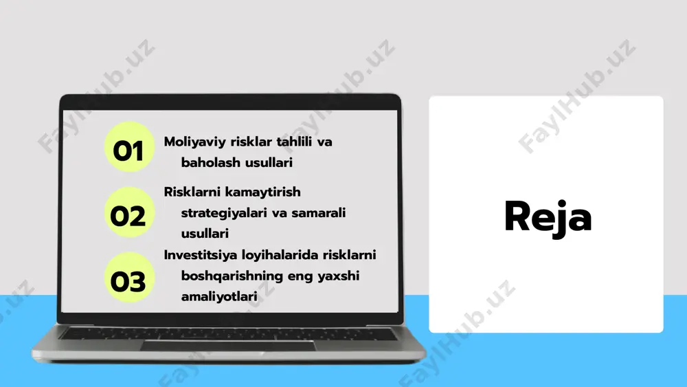 rni baholash aniqlangan risklarni baholash jarayoni, ularning qanchalik jiddiyligini va loyiha muvaffaqiyatiga ta'sirini aniqlashni o'z ichiga oladi. misol sifatida, raqobatchilar faoliyatining tahlili va ularning bozorga ta'siri ko'rib chiqilishi mumkin. 3 risklarni boshqarish strategiyalari boshqarish strategiyalari, aniqlangan va baholangan risklarni kamaytirish maqsadida ishlab chiqiladi. bunga sug'urta olish, diversifikatsiya yoki risklarni transfer qilish kabilar kiradi. 4 monitoring va nazorat qilish risklarni monitoring qilish jarayoni, loyihani amalga oshirish davomida risklarni doimiy ravishda kuzatishni va tahlil qilishni o'z ichiga oladi. bu jarayonda o'zgarishlarga tezda javob berish imkoniyati yaratiladi. risklarni baholashda foydalaniladigan asboblar swot tahlili swot tahlili kuchli va zaif tomonlarni, imkoniyatlar va tahdidlardan iborat. bu asbob moliyaviy risklarni aniqlashda yordam beradi. statistik usullar statistik usullar ma'lumotlarni tahlil qilish va xulosa chiqarishga yordam beradi. ular risklarni baholashda muhim rol o'ynaydi. boshqa metodologiyalar boshqa metodologiyalar orasida ekspert baholash, ssenariy tahlili va simulyatsiya usullari mavjud. moliyaviy risklarni baholashda swot, statistik usullar va boshqa metodologiyalar muhimdir. ular yordamida …
