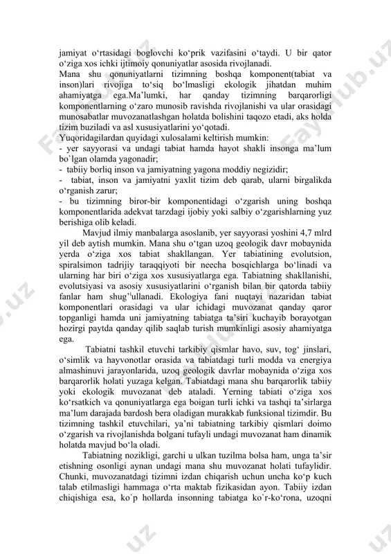 modda, energiya va axborot almashib turishga majburdir. bu degan so‘z, inson tabiatni tarkibiy qismi sifatida u bilan birgalikda, uni ichida mavjud bola oladi demakdir. insonning tabiatga ta’siri boshqa faol bo`lmagan mavjudotlar (o‘simlik va hayvonot) ta’siriga nisbatan faol va xarakteri jihatdan tubdan farq qiladi. ya’ni, inson ongi tufayli tabiatni o`z ehtiyoji va maqsadiga muvofiq tarzda o‘zgartirish va moslashtirish imkoniyatiga ega. tabiat bilan bo‘iadigan munosabatlarda insonga faollik va boshqa tirik mavjudotlar orasida yetakchilik qilish huquqini beruvchi komil inson ongi ijtimoiy muhitda, ya’ni jamiyatda shakllanadi. yuqoridagi fikrlardan kelib chiqib insonni ikkita, ya’ni tabiiy va ijtimoiy muhitlarning maxsuli bo‘lgan bioijtimoiy mavjudot deb atash mumkin. insonda ham moddiy(tana) va ruhiy (ong) mohiyat mujassamlashgandir. u tirik mavjudot sifatida tabiat mahsuli, ongi tufayli esa ijtimoiy muhit (jamiyat) maxsuli hisoblanadi. o‘zlarining biologik xususiyatlari, ijtimoiy mavqelari va boshqa sharoitlariga ko‘ra turlicha ongga ega bo‘lgan kishilar birgalikda kishilik jamiyatini tashkil etadilar. bundan ko‘rinib turibdiki, inson tabiat bilan jamiyat o‘rtasidagi boglovchi …